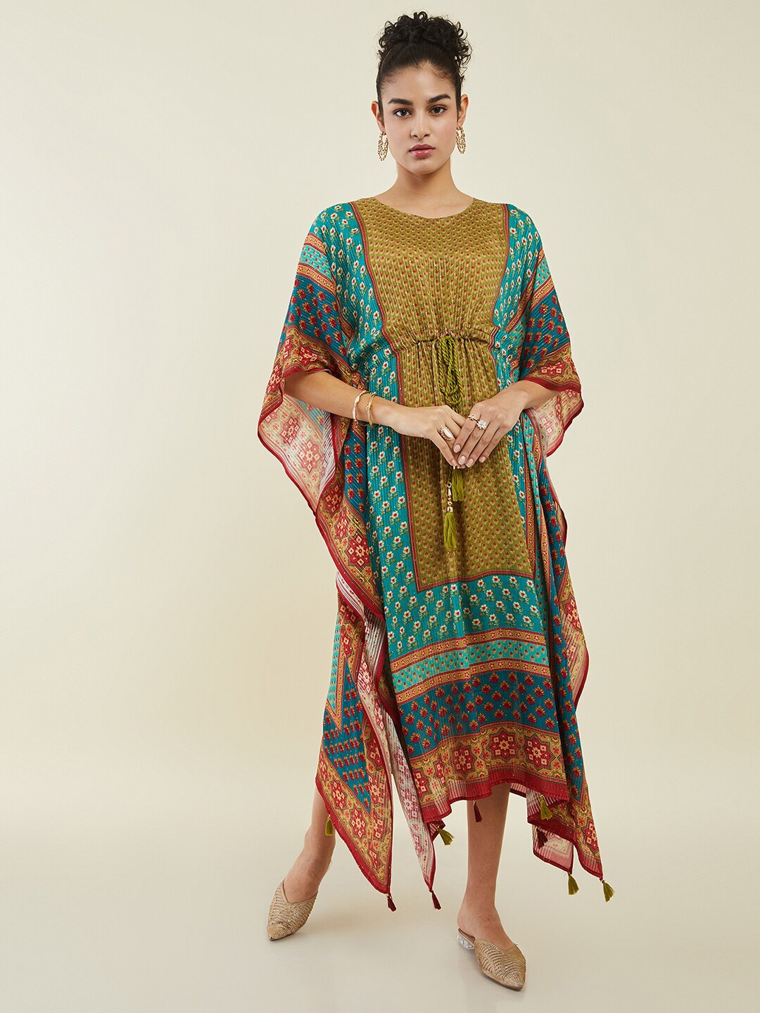

Soch Ethnic Motifs Printed Sequined Kaftan Midi Dress, Green