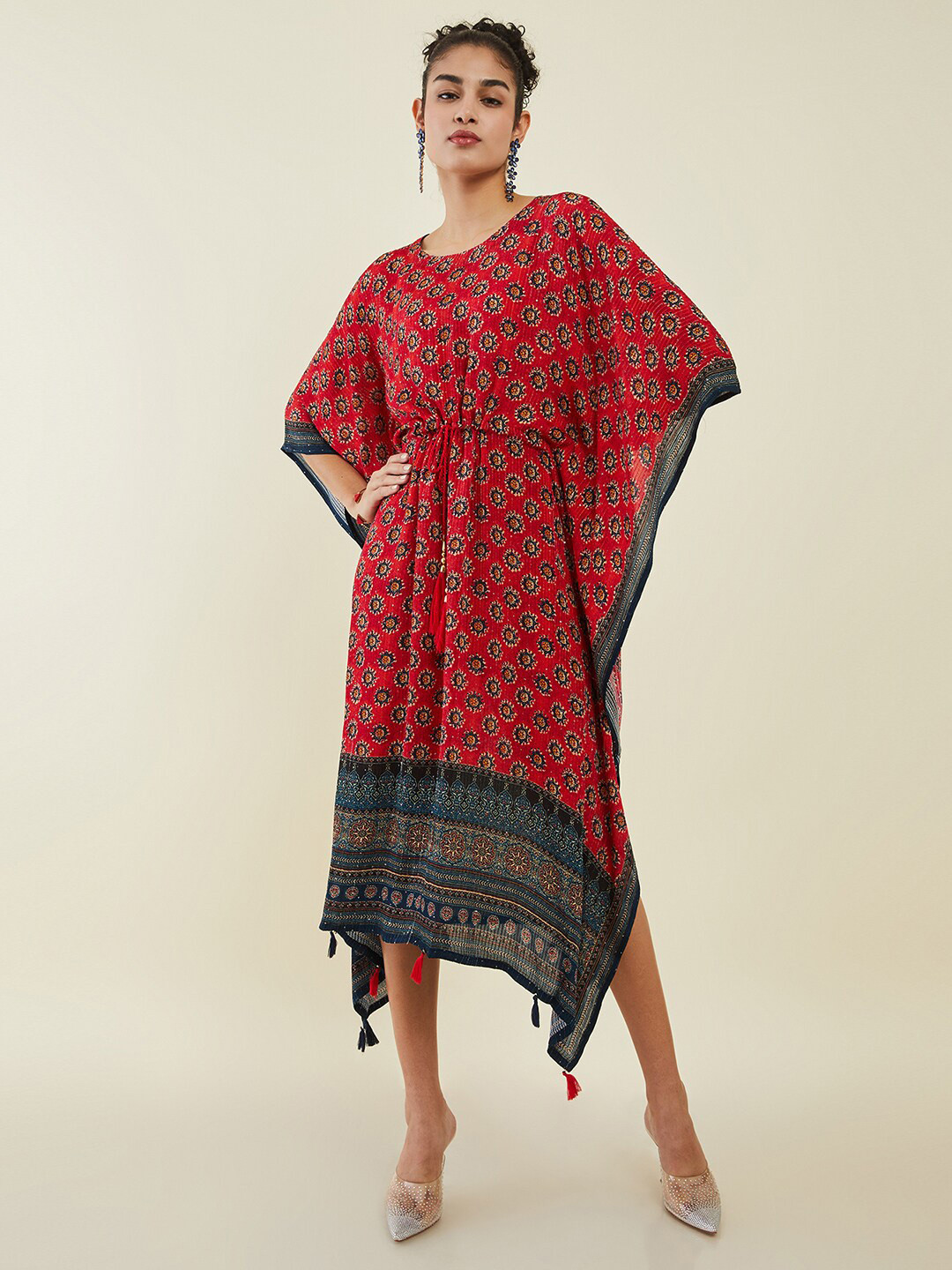 

Soch Ethnic Motifs Printed Kaftan Midi Dress, Red