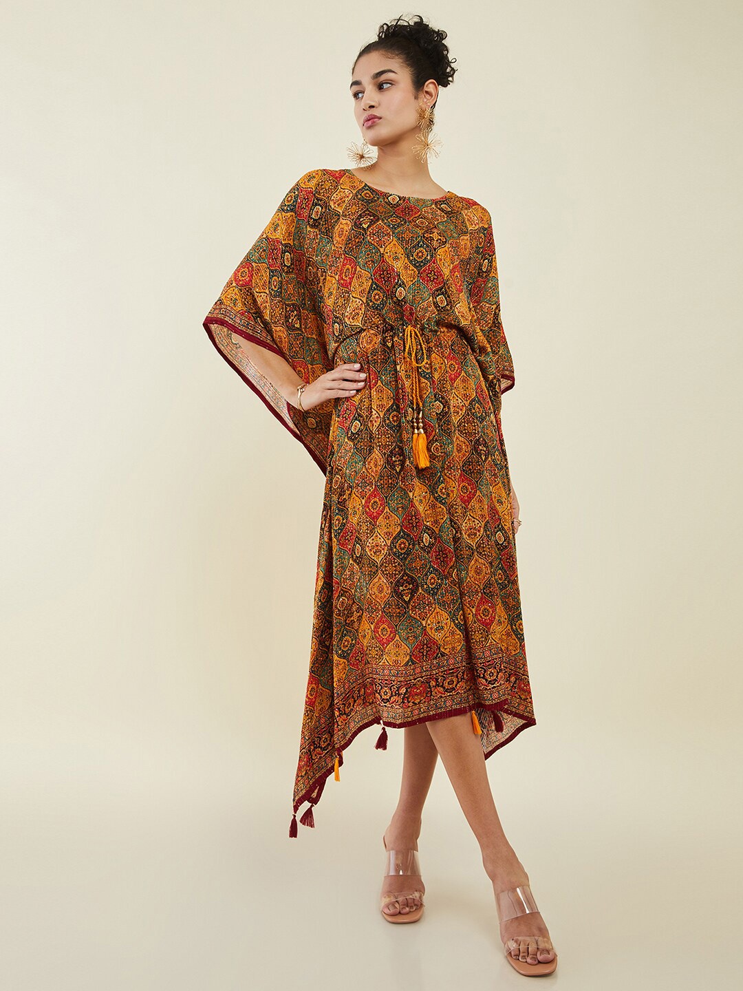

Soch Ethnic Motifs Printed Kaftan Midi Dress, Brown