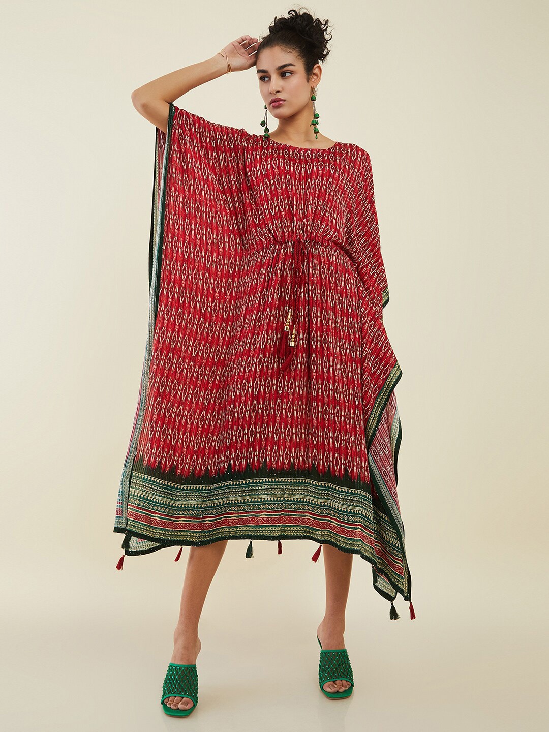 

Soch Ethnic Motifs Printed Kaftan Midi Dress, Red