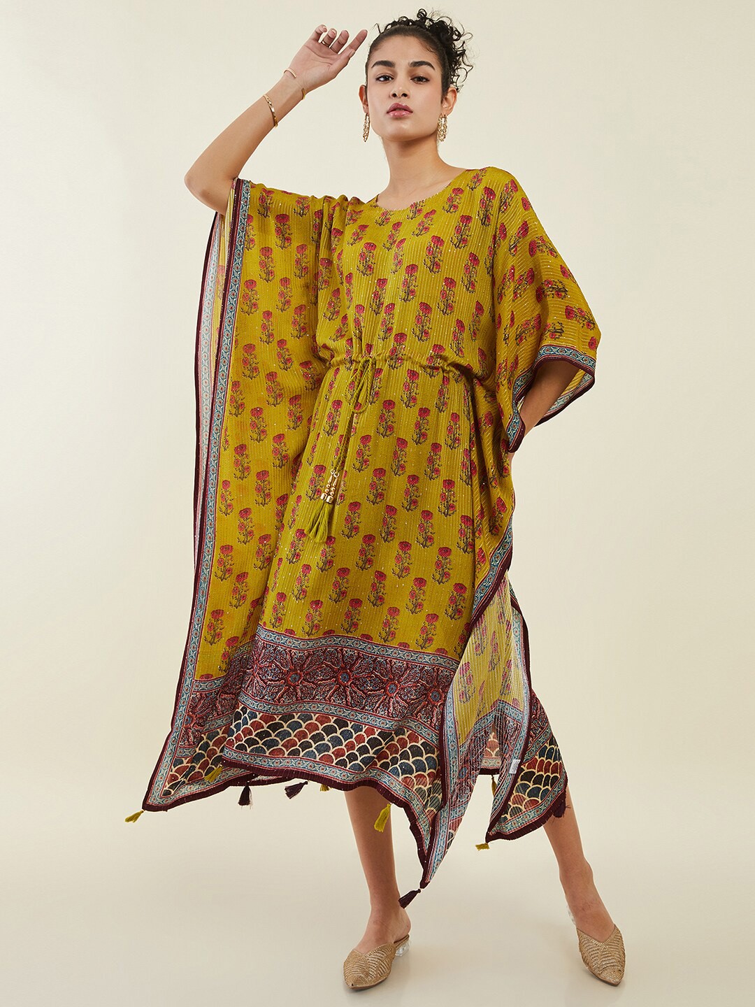 

Soch Ethnic Motifs Printed Kaftan Midi Dress, Green