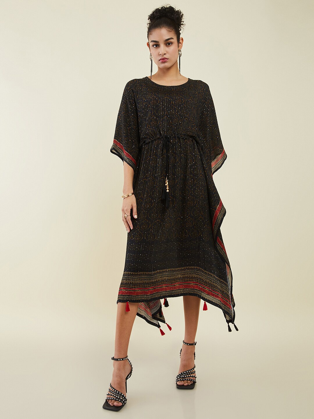

Soch Ethnic Motifs Printed Kaftan Midi Dress, Black