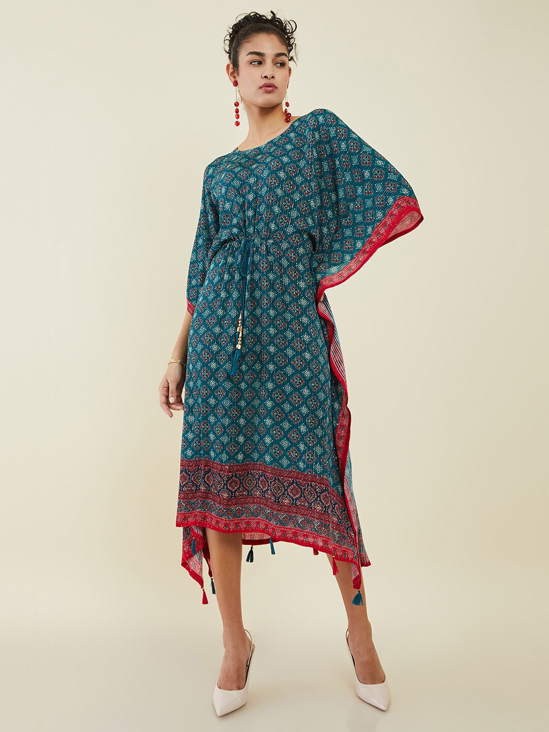 

Soch Ethnic Motifs Printed Kaftan Midi Dress, Teal