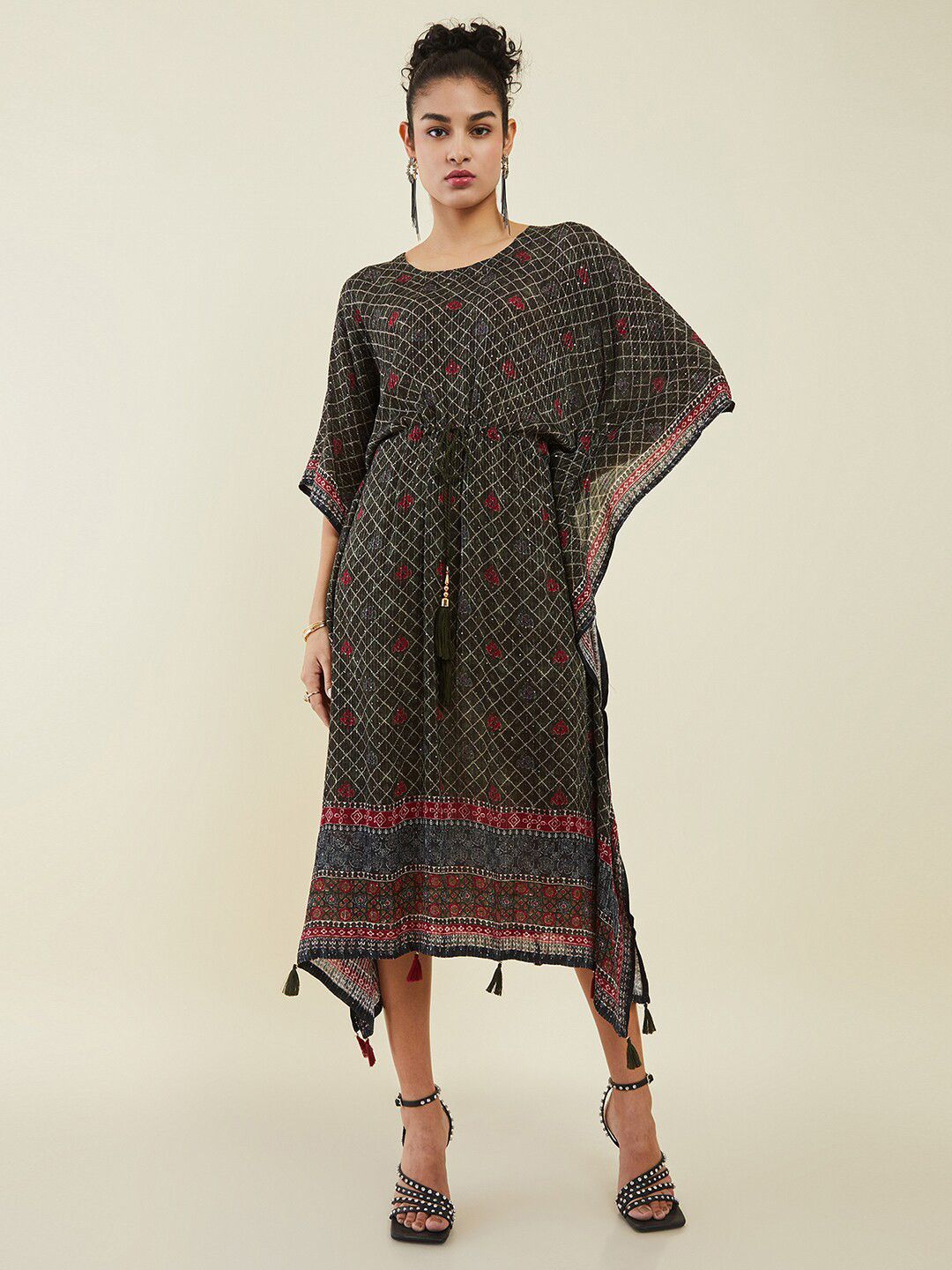 

Soch Checked Kaftan Midi Dress, Olive