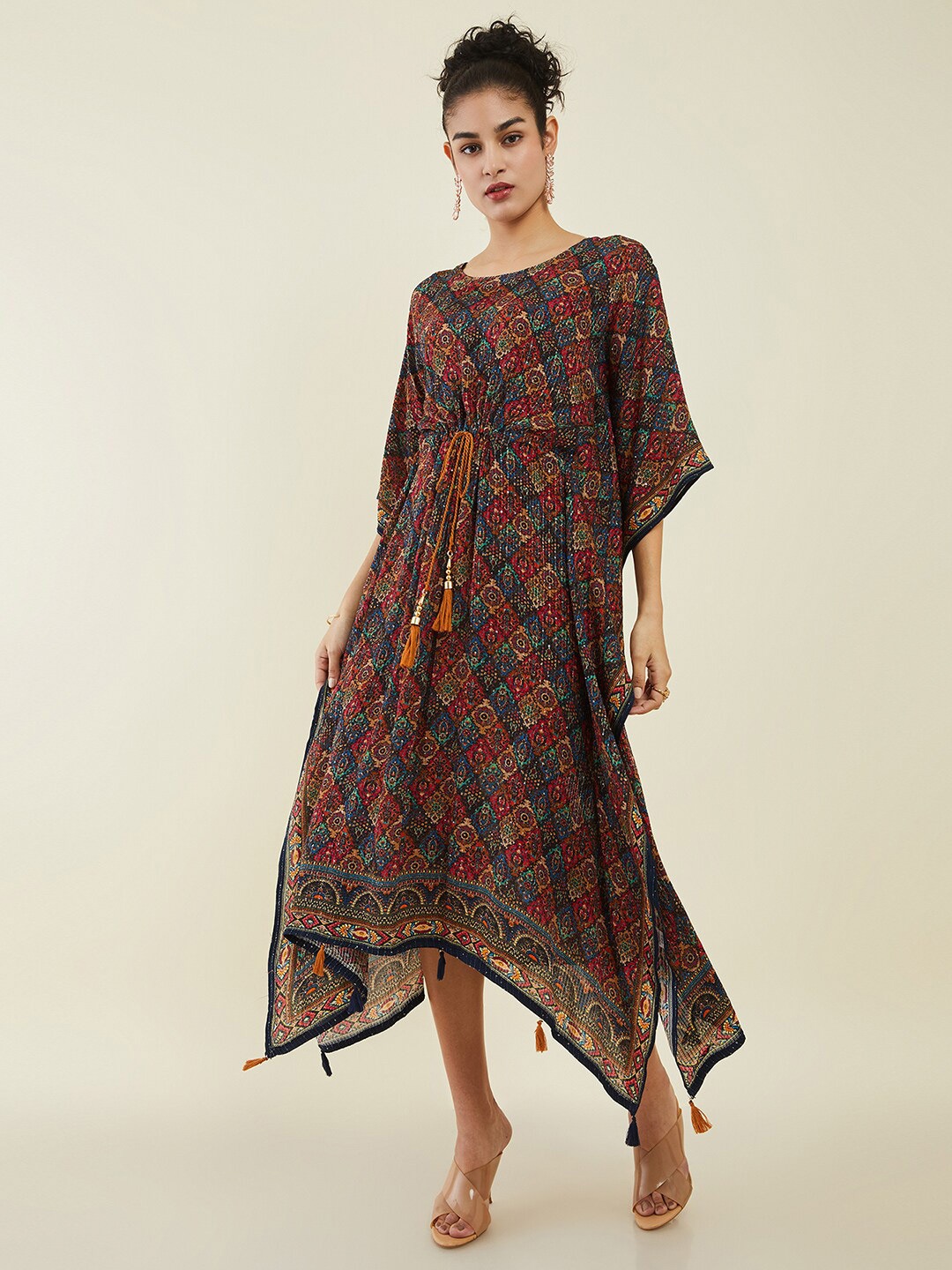 

Soch Brown & Teal Ethnic Motifs Printed Tie-Up Detail Kaftan Dress