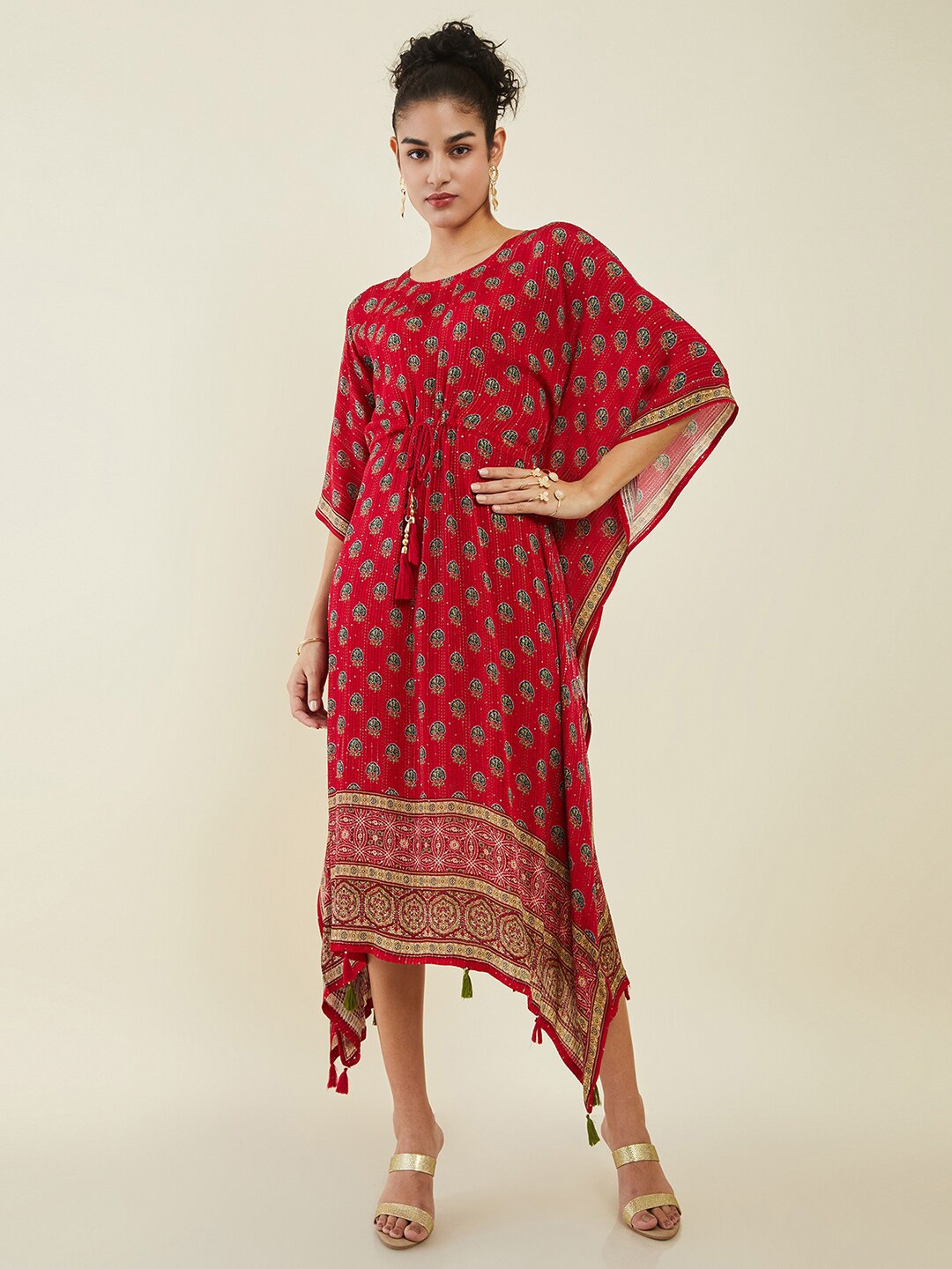 

Soch Ethnic Motifs Printed Kaftan Midi Dress, Red