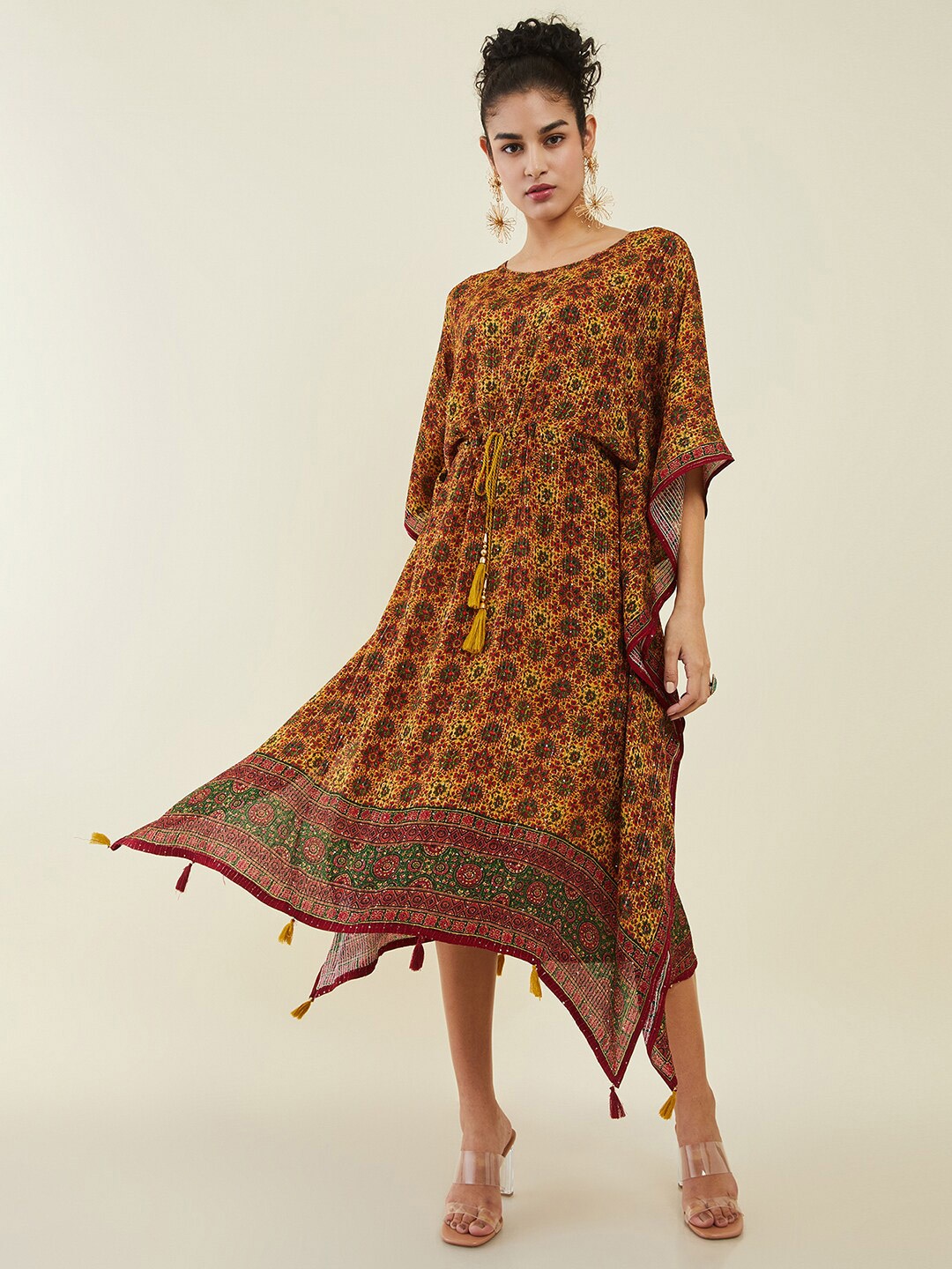 

Soch Ethnic Motifs Printed Kaftan Midi Dress, Mustard