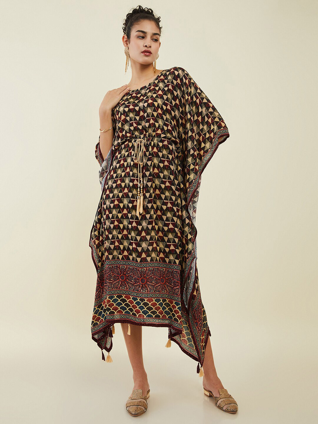 

Soch Women Geometric Printed Tie-Up Detail Kaftan Dress, Beige