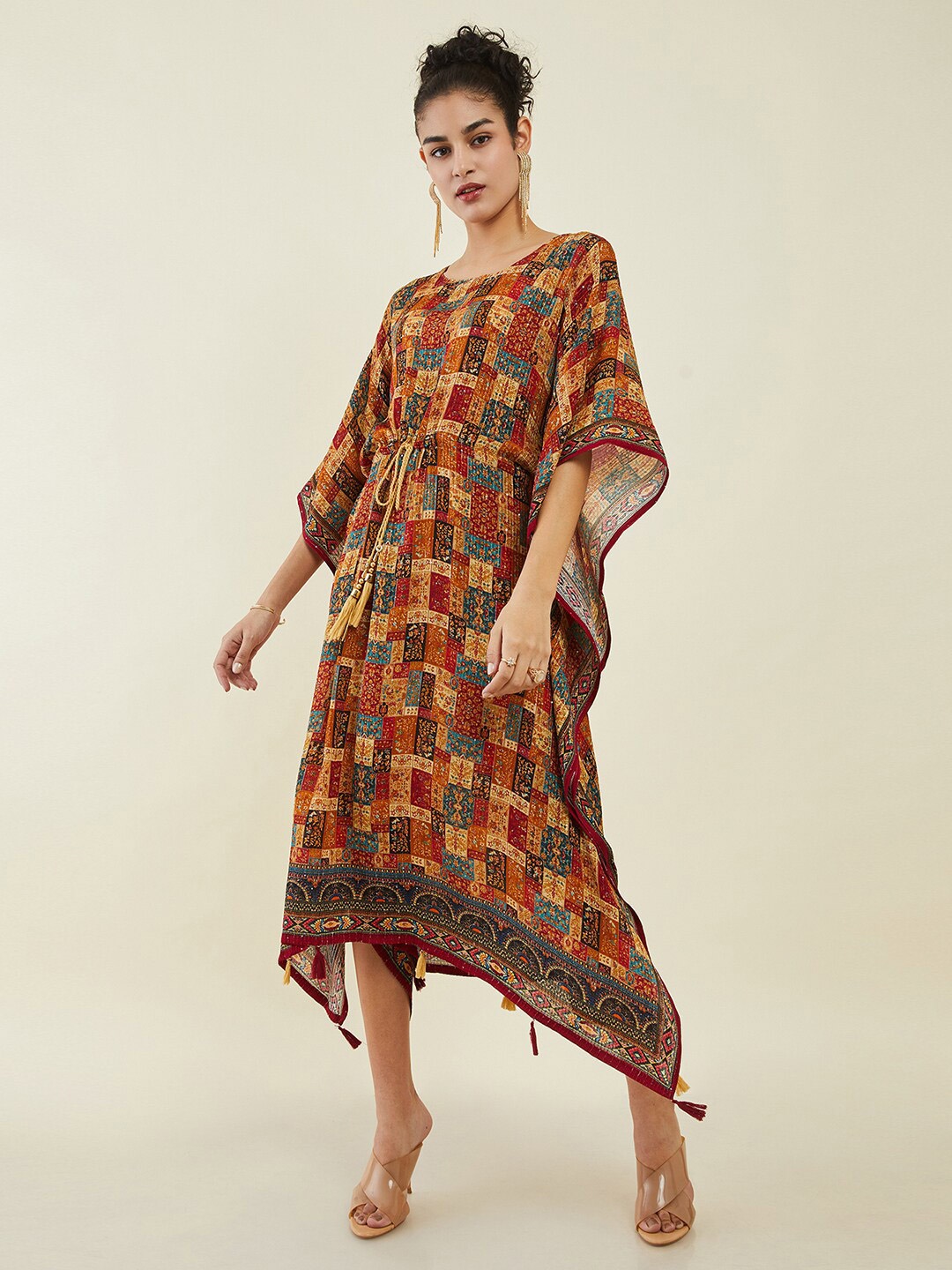 

Soch Floral Printed Kimono Sleeves Kaftan Midi Ethnic Dress, Brown