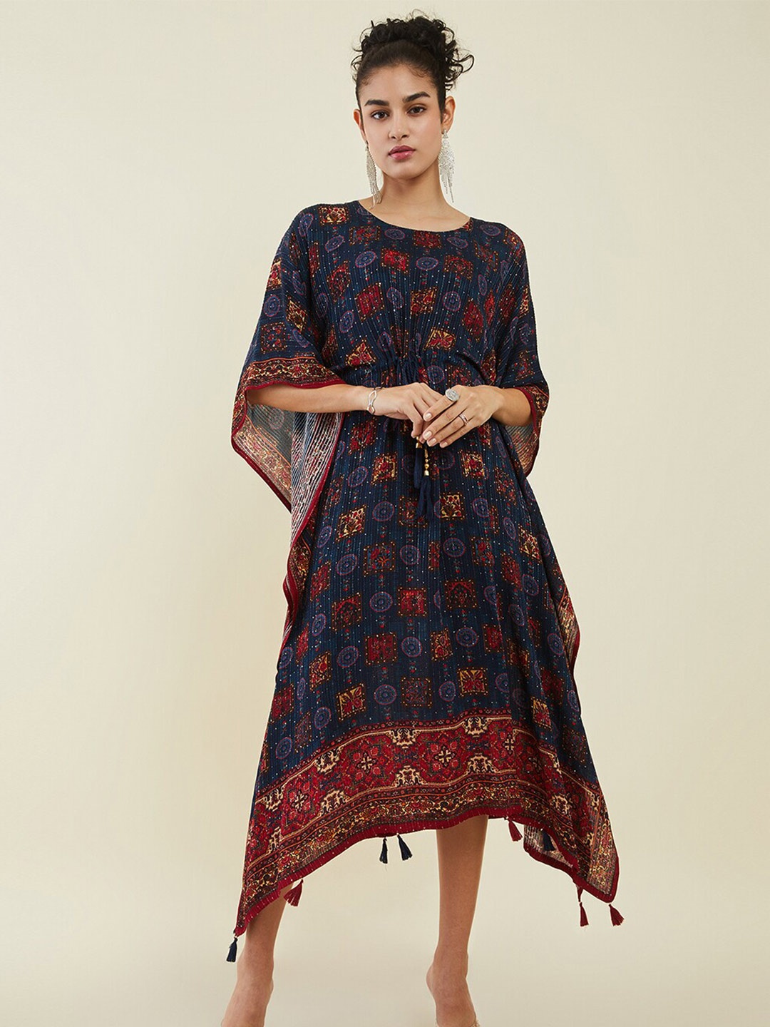 

Soch Women Ethnic Motifs Printed Tie-Up Detail Kaftan Dress, Navy blue