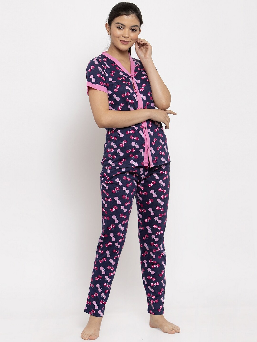 

Claura Women Conversational Printed Pure Cotton Night suit, Blue