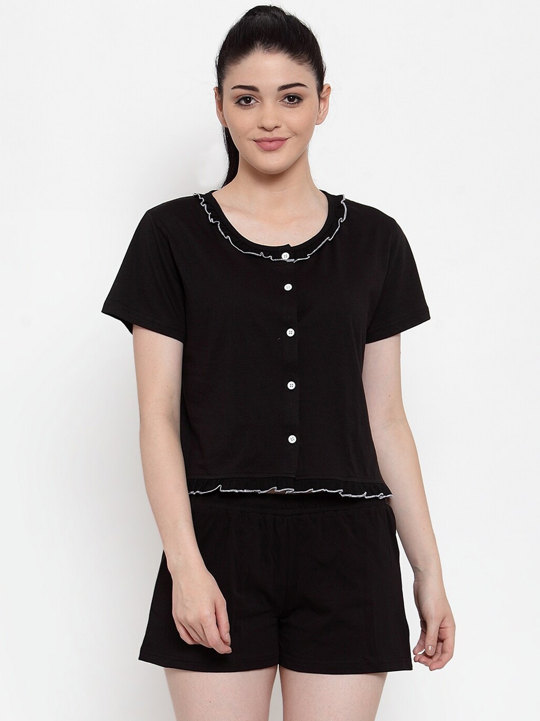 

Claura Women 2 Pieces Pure Cotton Night Suit, Black