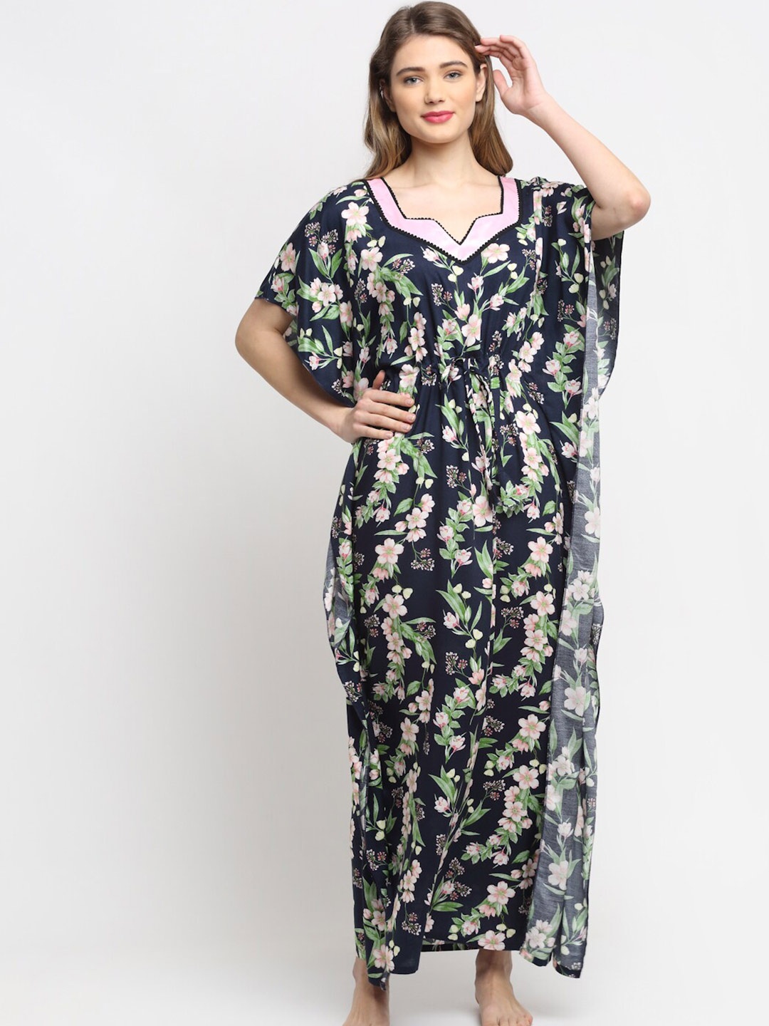 

Claura Floral Printed Maxi Kaftan Nightdress, Navy blue