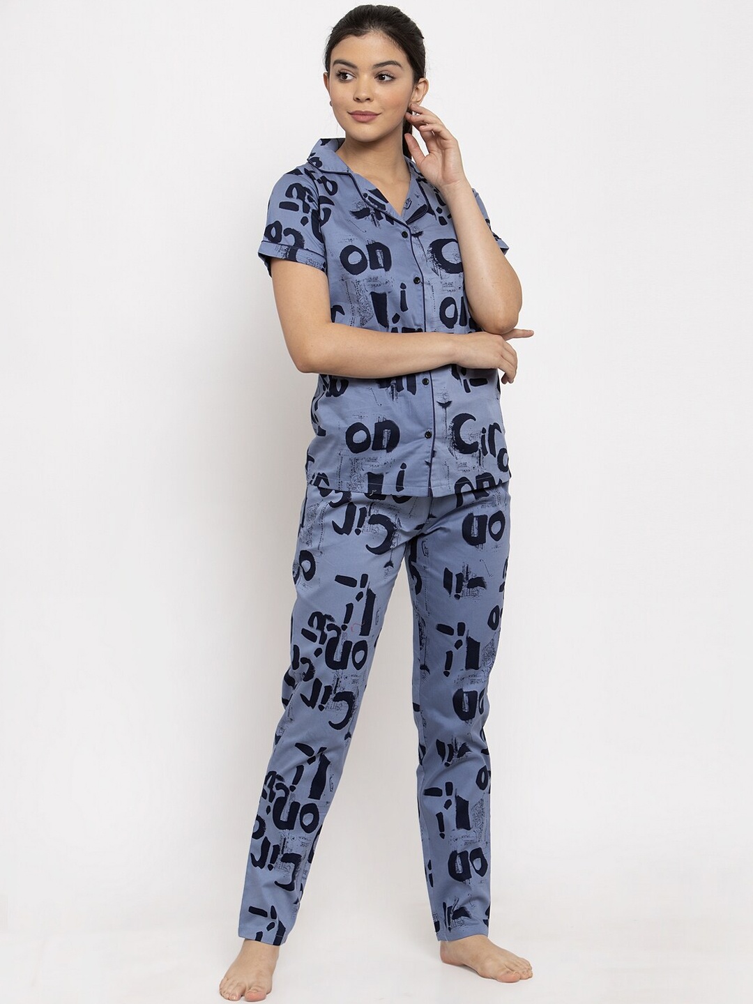 

Claura Women Typography Printed Pure Cotton Night suit, Blue