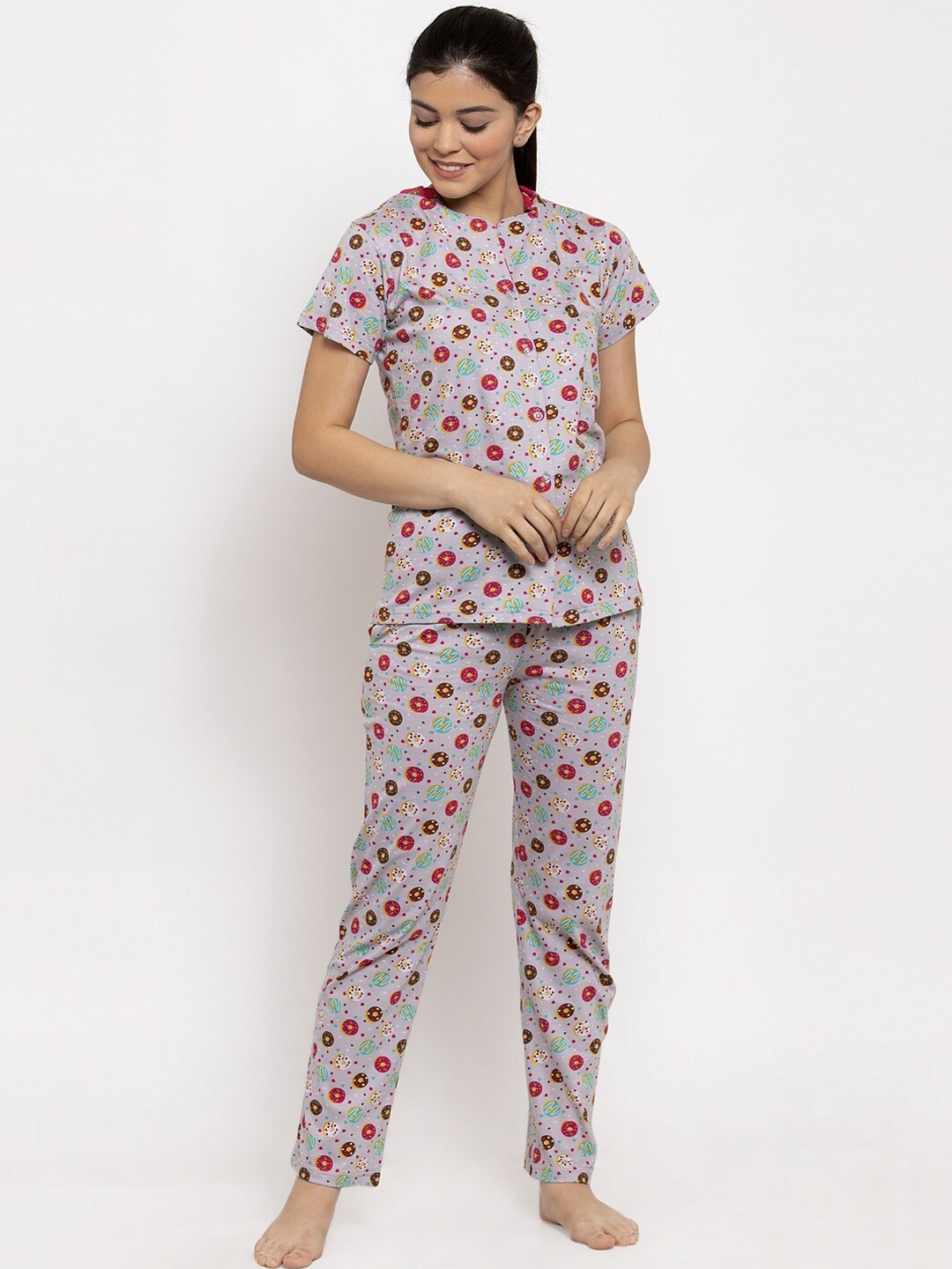

Claura Women 2 Pieces Conversational Printed Pure Cotton Night Suit, Grey