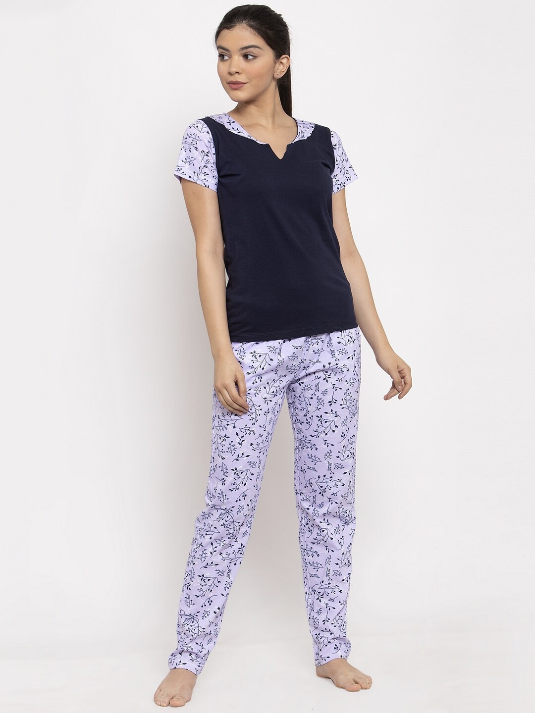 

Claura Women 2 Pieces Floral Printed Pure Cotton Night Suit, Purple