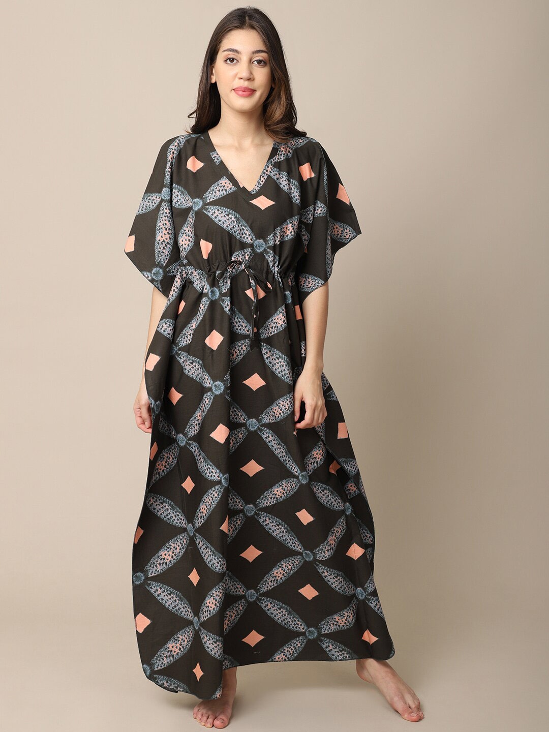 

Claura Geometric Printed Maxi Kaftan Nightdress, Brown