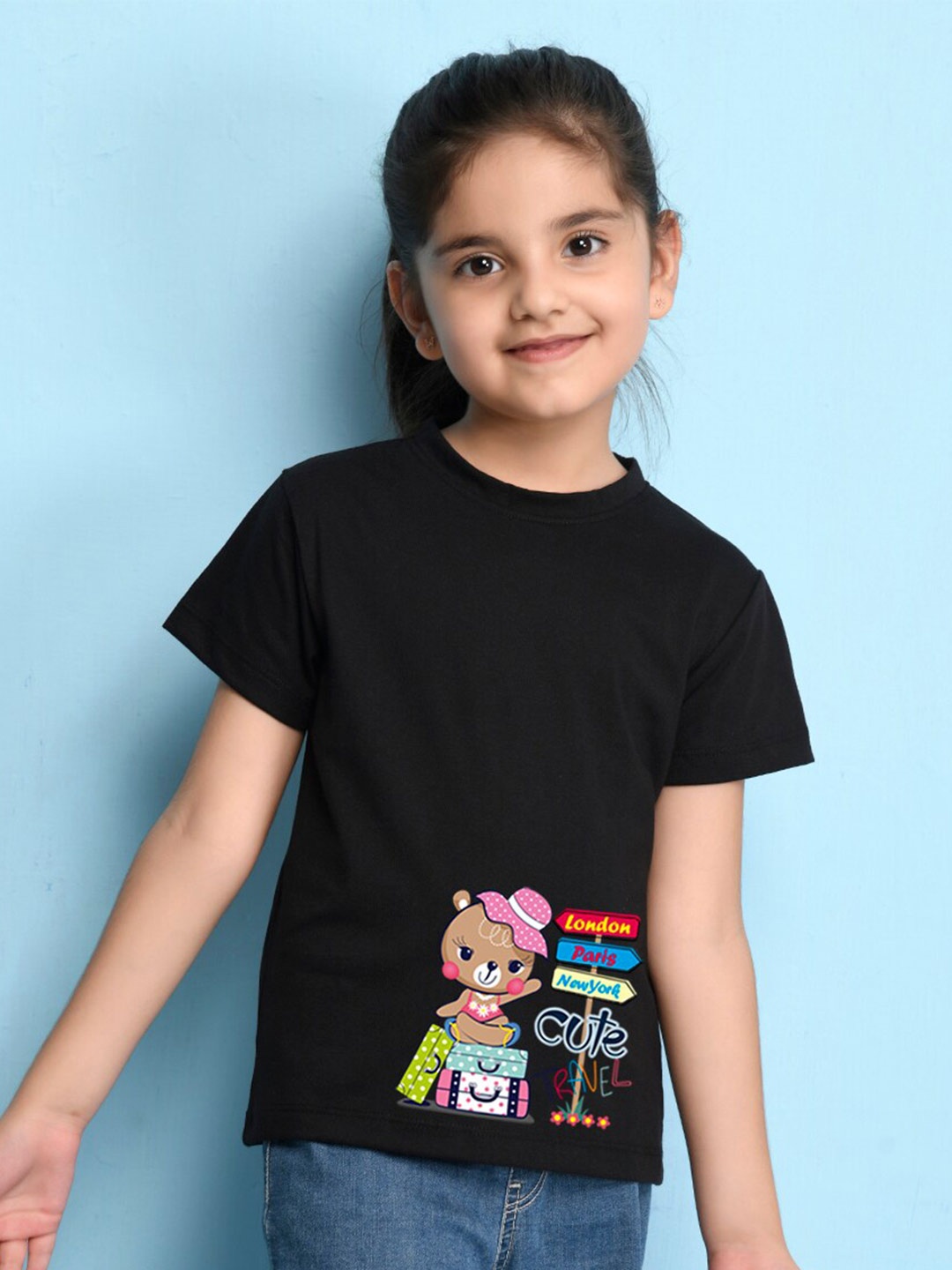 

NUSYL Girls Graphic Printed Round Neck T-shirt, Black