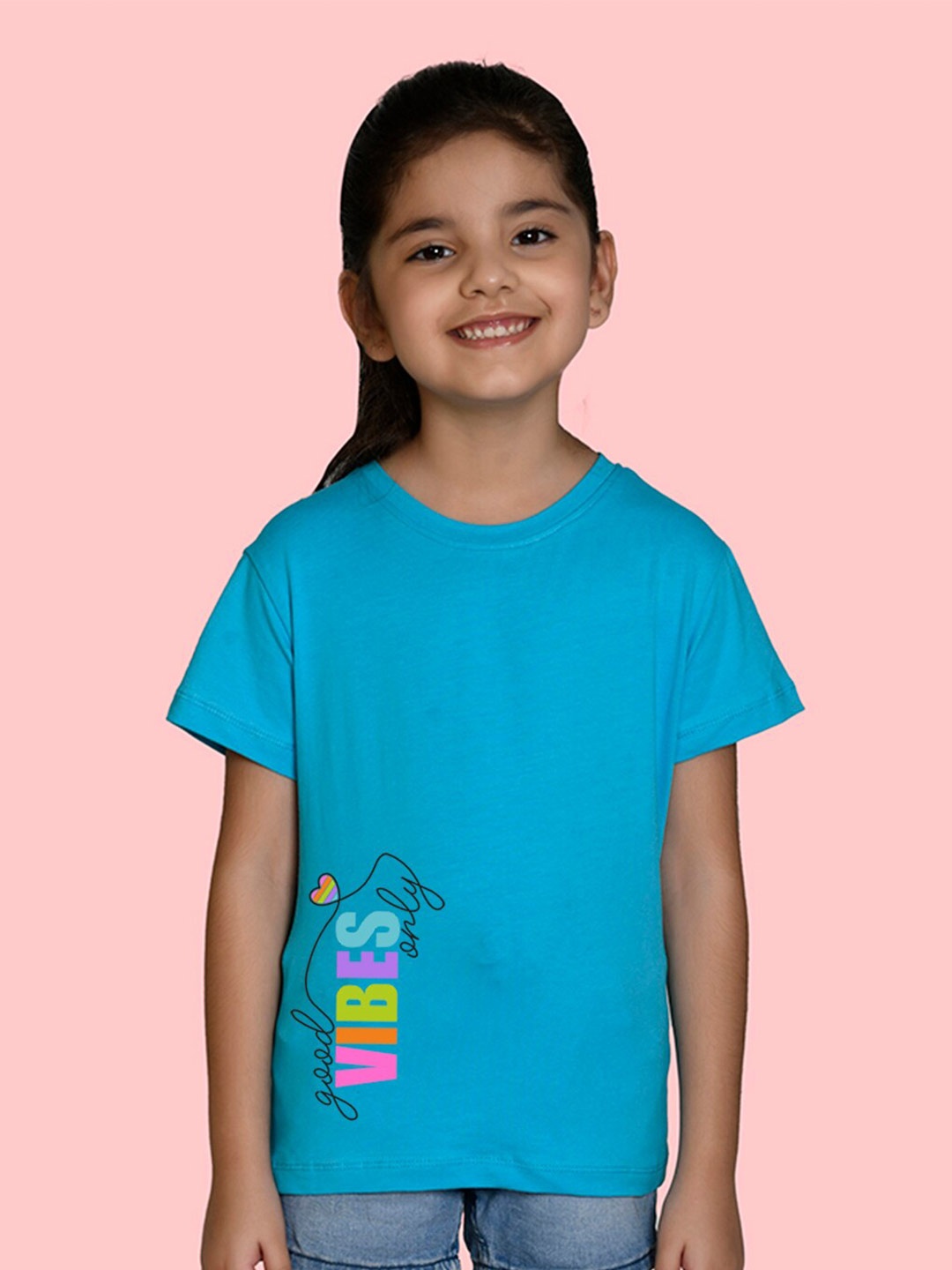 

NUSYL Girls Typography Printed Cotton T-shirt, Blue