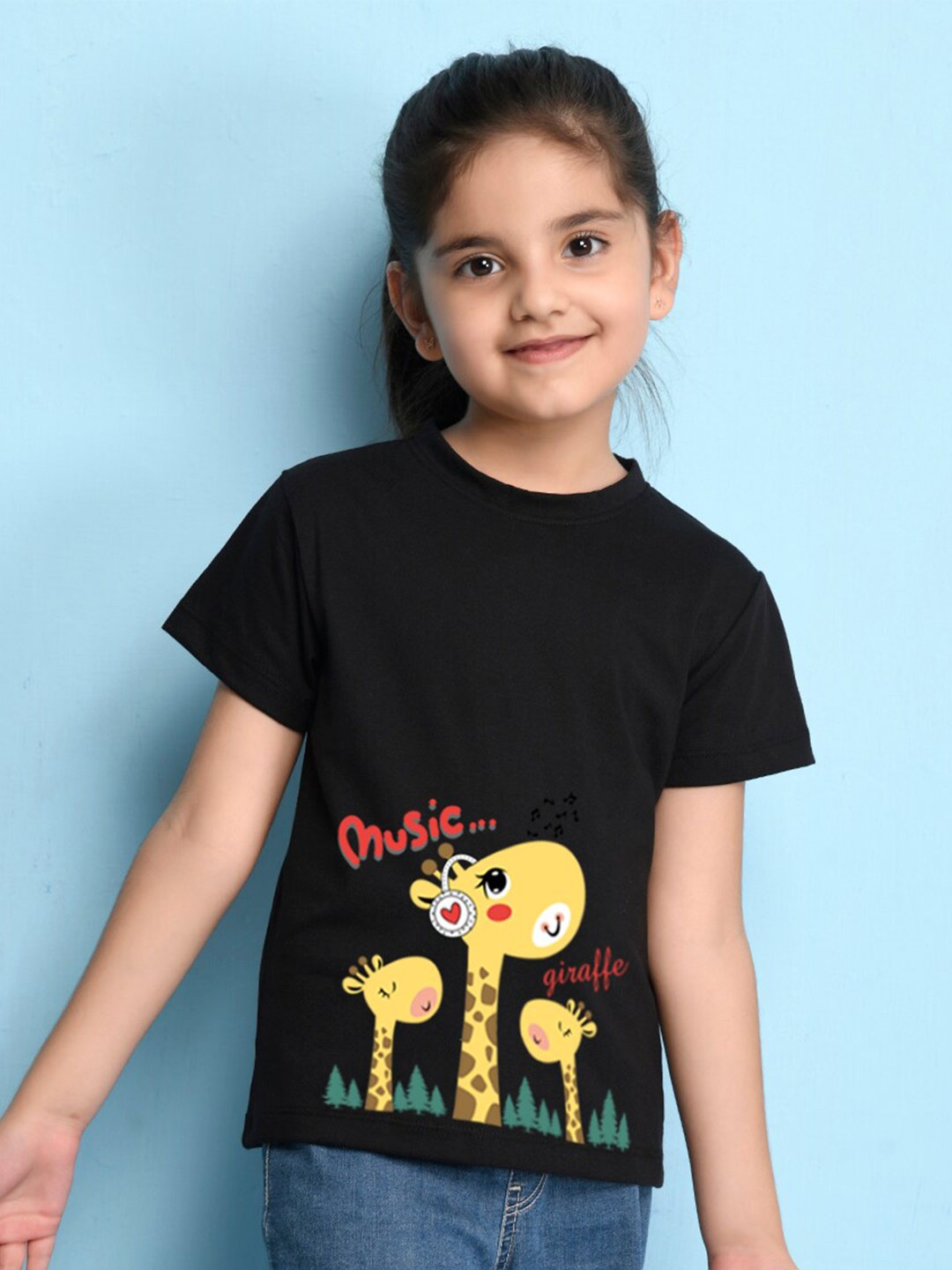 

NUSYL Girls Printed Cotton T-shirt, Black