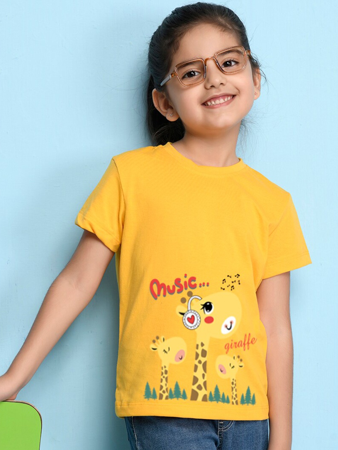 

NUSYL Girls Round Neck Printed Cotton T-shirt, Yellow