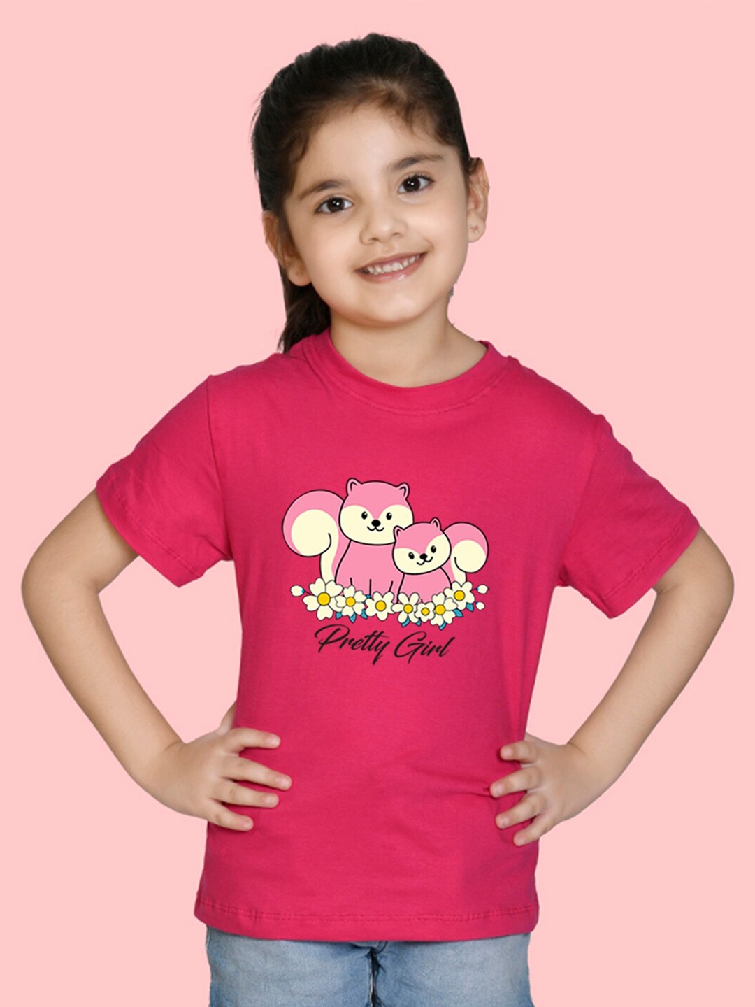 

NUSYL Girls Round Neck Printed Cotton T-shirt, Pink