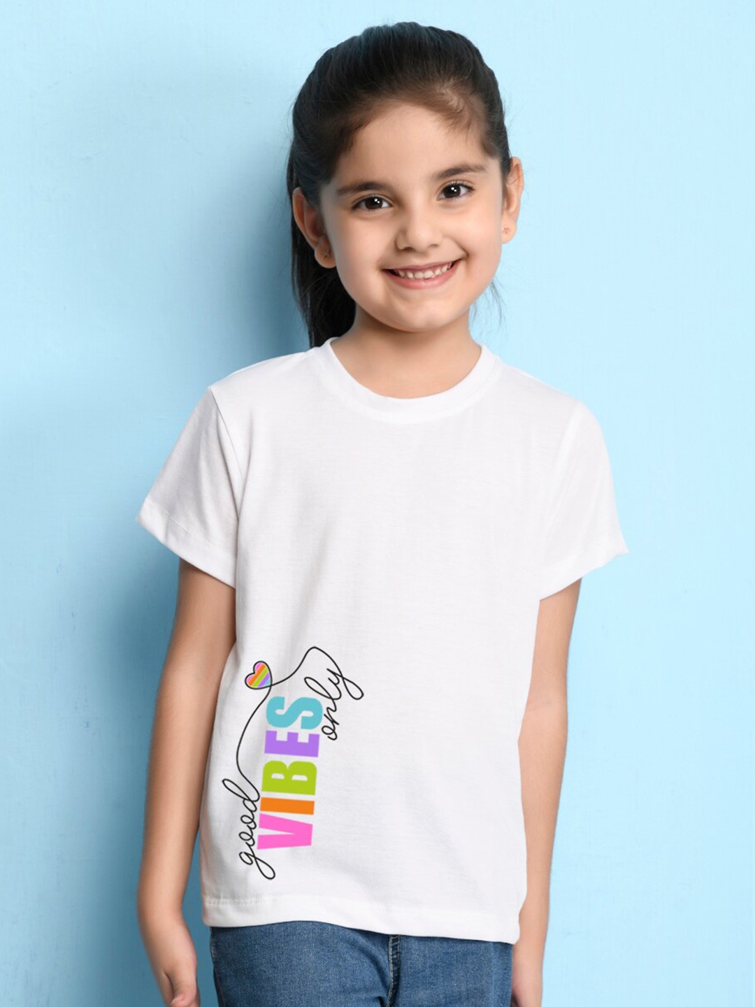 

NUSYL Girls Round Neck Printed Cotton T-shirt, White