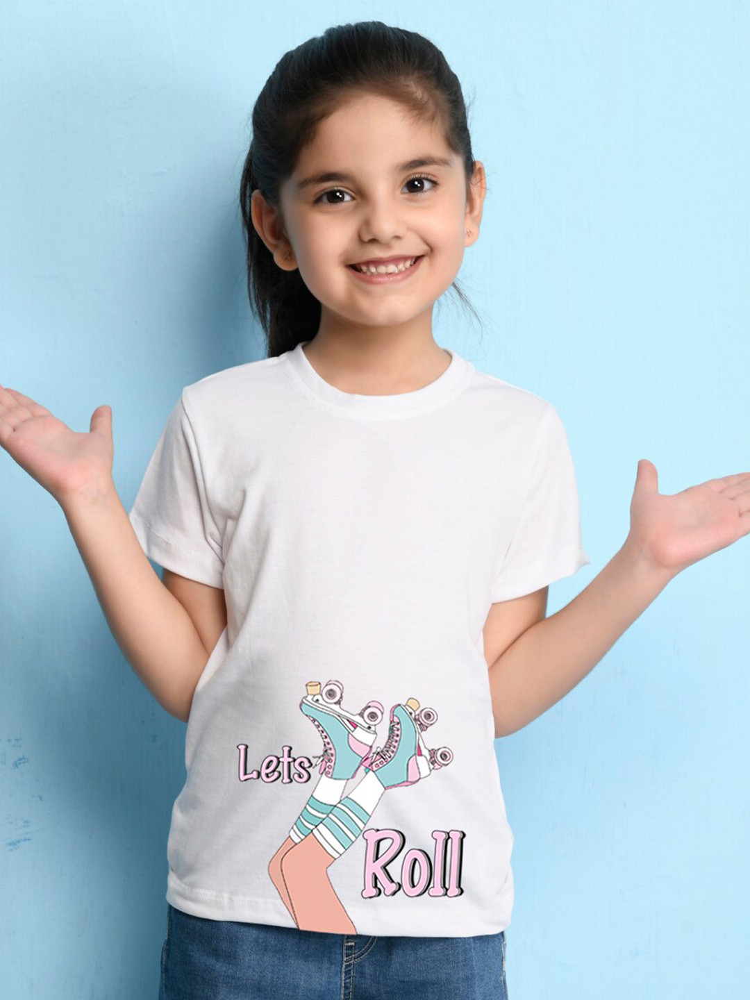 

NUSYL Girls Round Neck Printed Cotton T-shirt, White