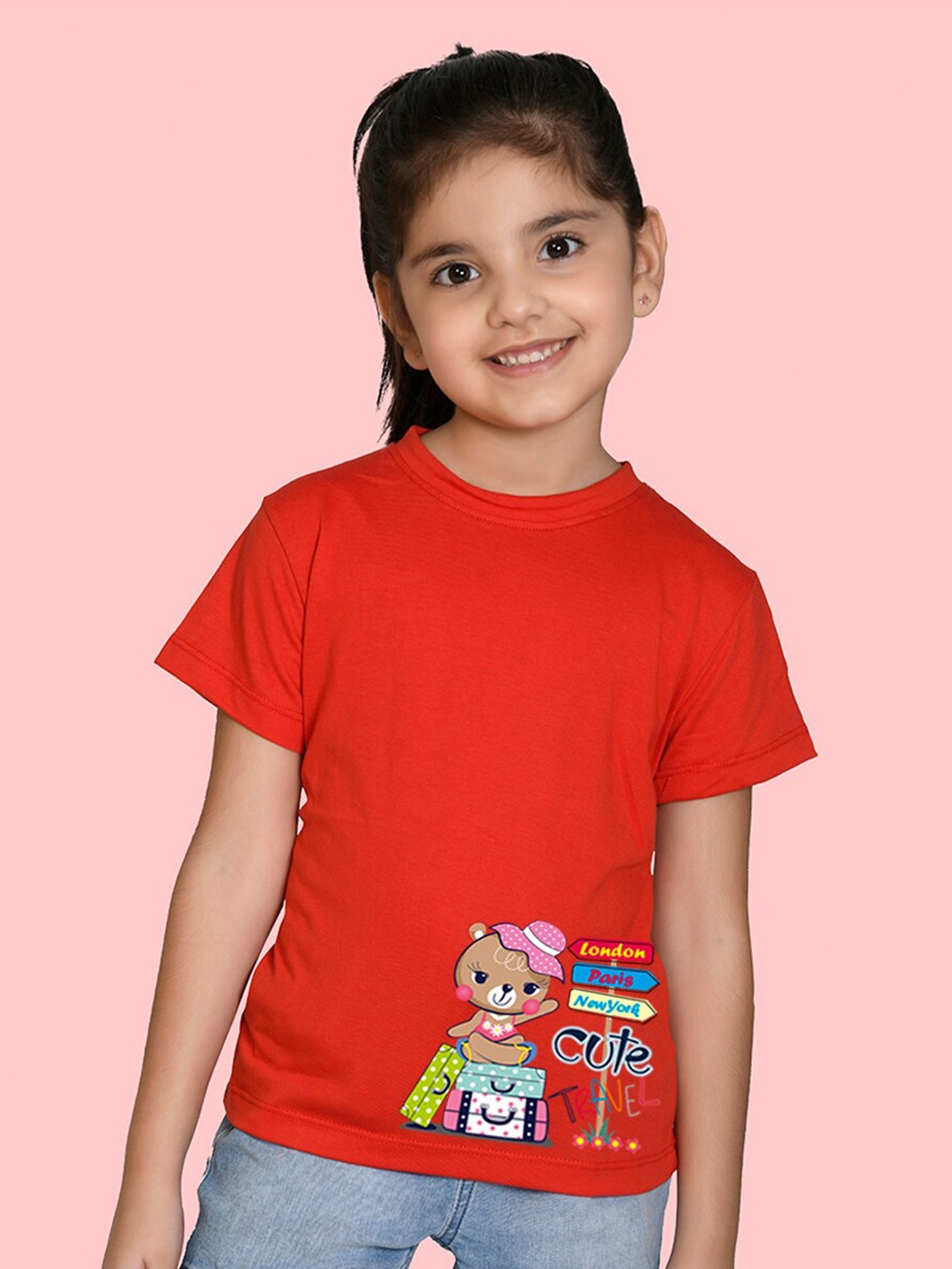 

NUSYL Girls Graphic Printed Round Neck Regular Sleeves T-shirt, Red