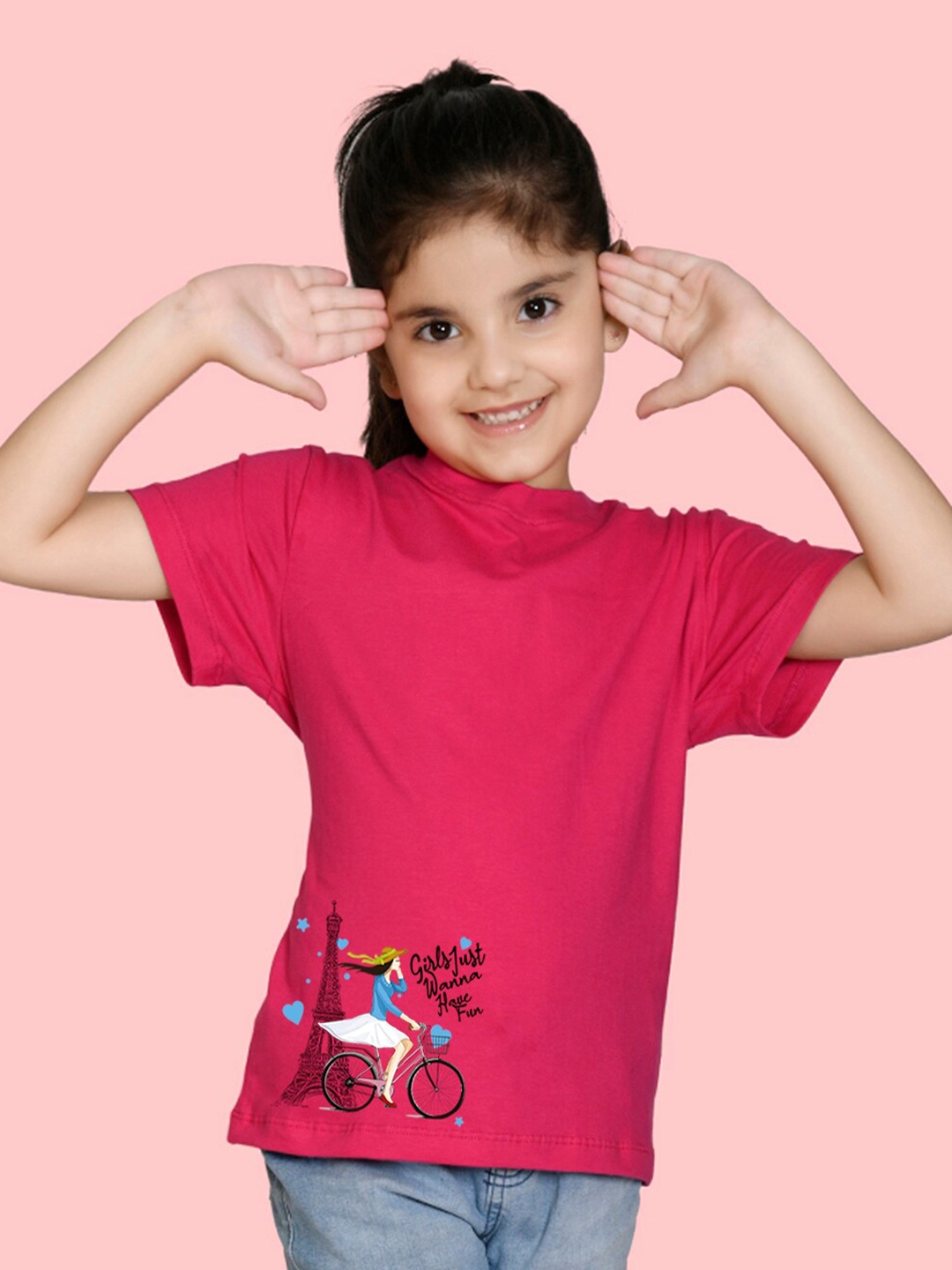 

NUSYL Girls Round Neck Regular Sleeves T-shirt, Pink