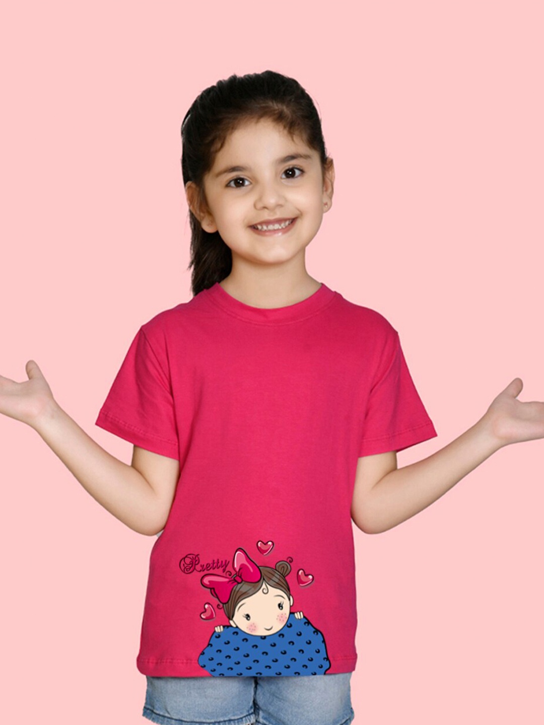 

NUSYL Girls Printed Round Neck T-shirt, Pink