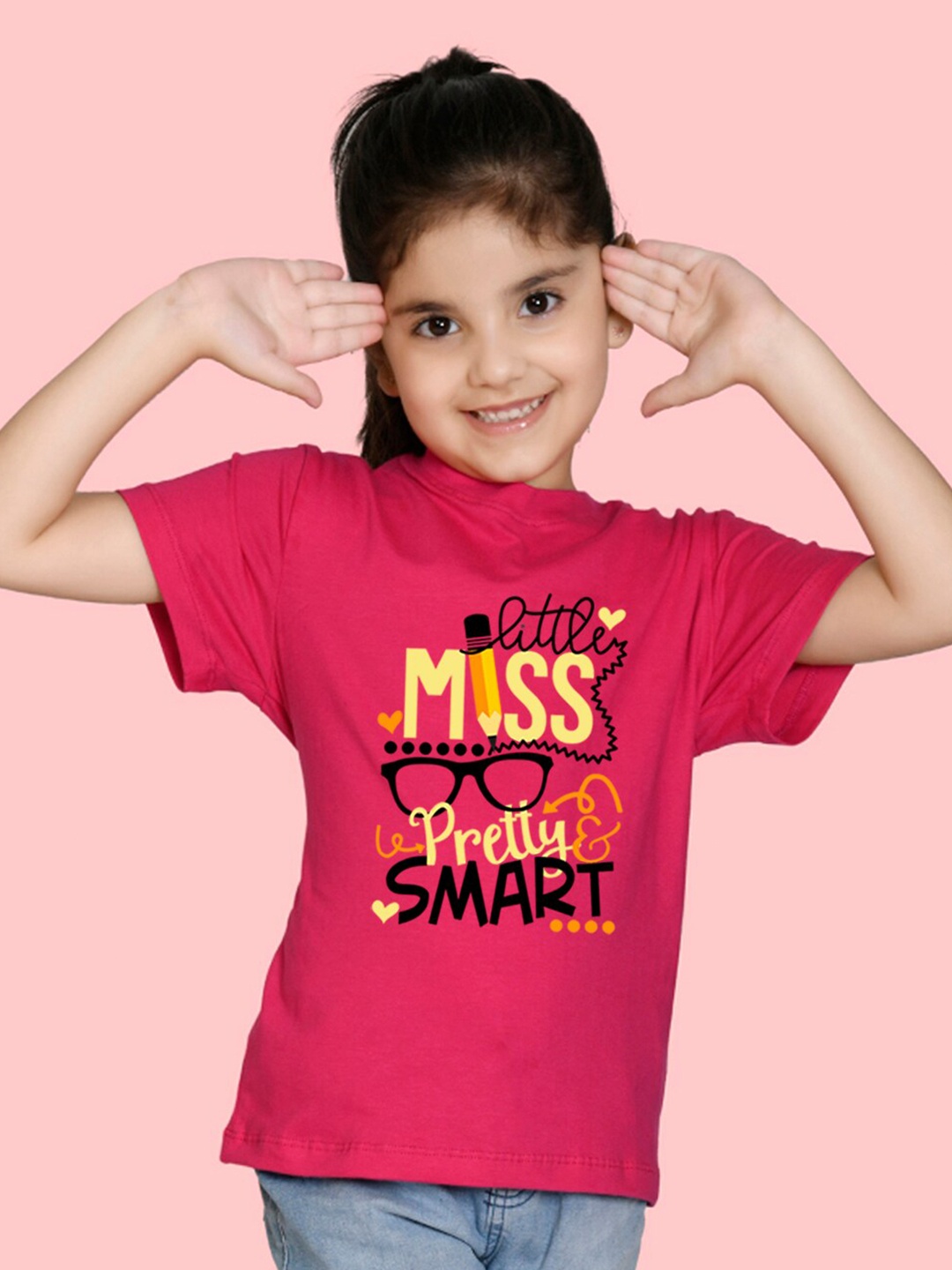 

NUSYL Girls Printed Round Neck T-shirt, Pink