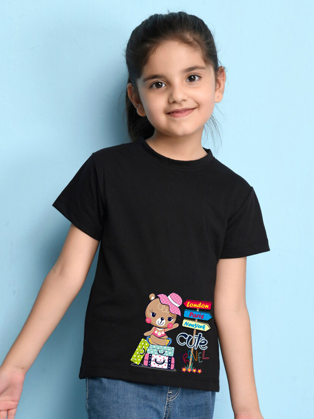 

NUSYL Girls Printed Round Neck T-shirt, Black