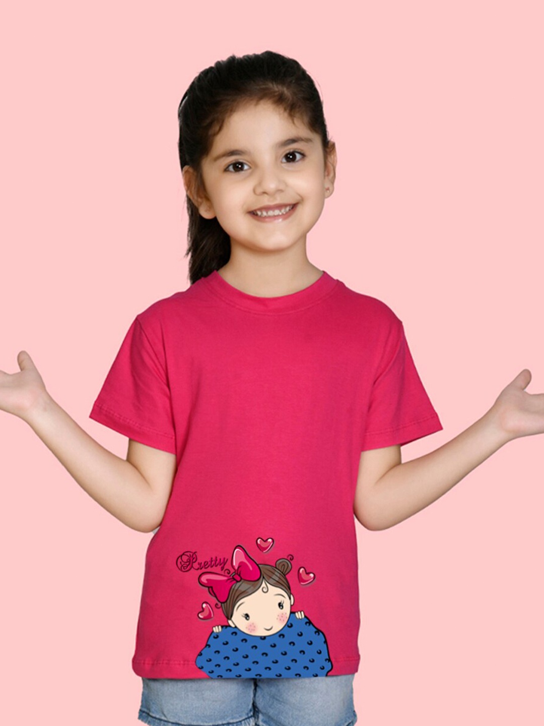 

NUSYL Girls Graphic Printed Round Neck T-shirt, Pink