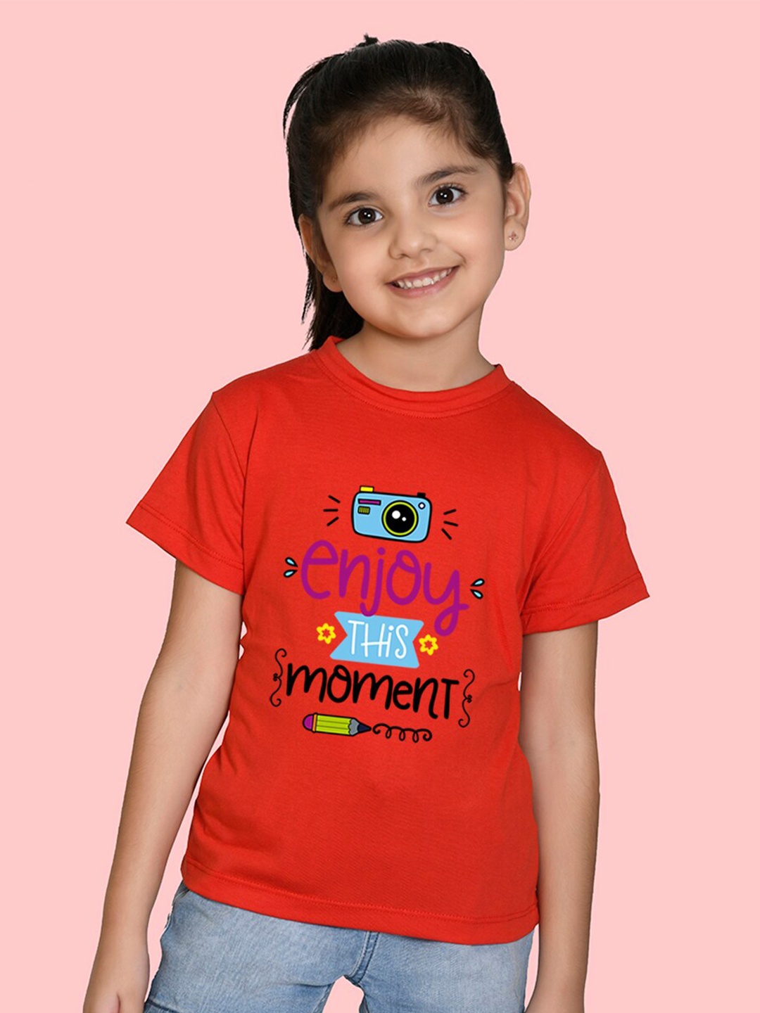 

NUSYL Girls Typography Printed Round Neck T-shirt, Red