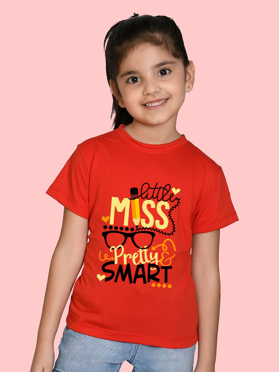 

NUSYL Girls Typography Printed Round Neck T-shirt, Red
