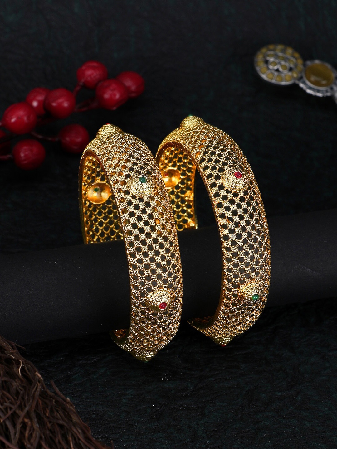 

Adwitiya Collection Set Of 2 Gold-Plated Stones-Studded Bangles, Pink