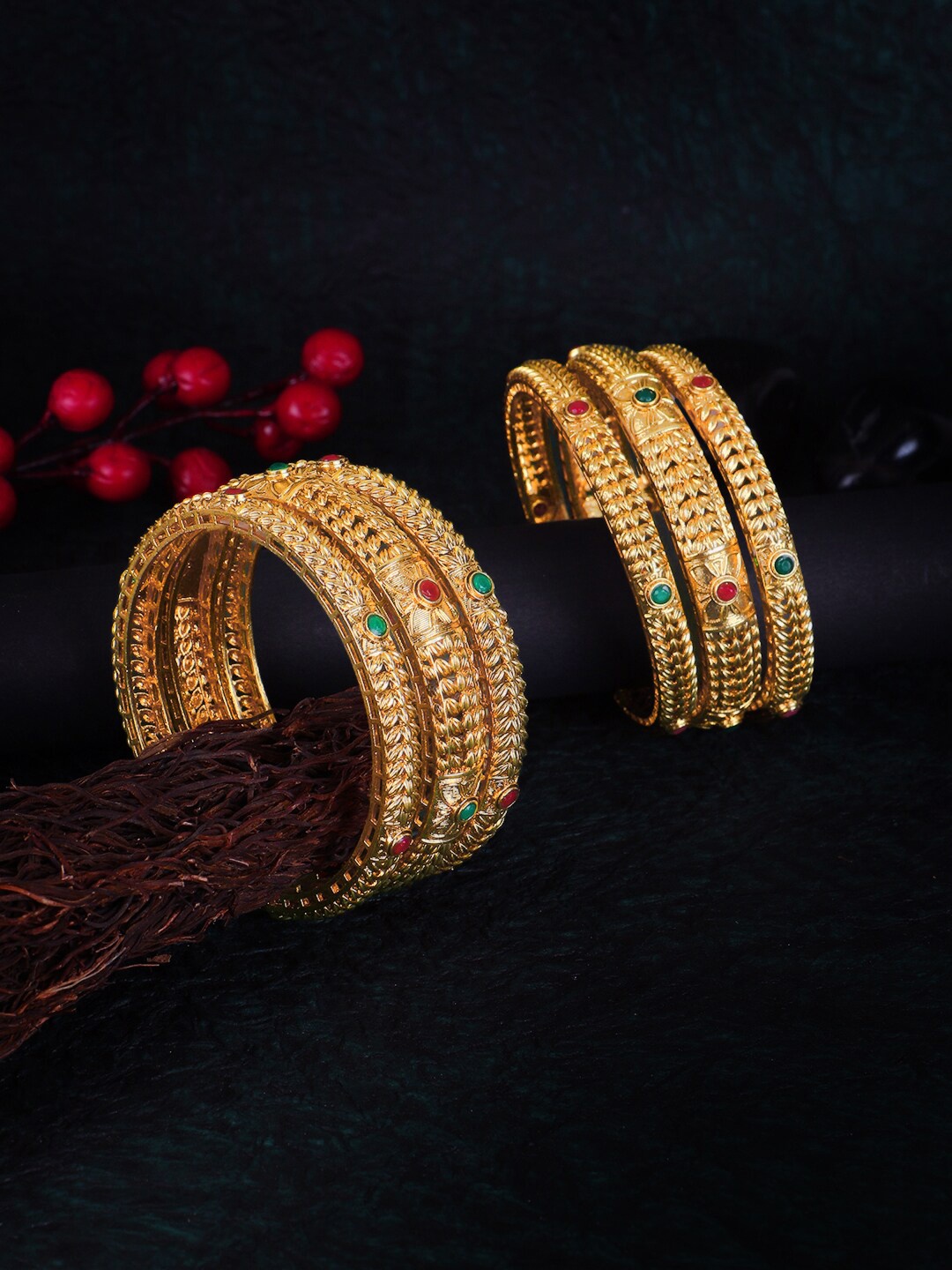 

Adwitiya Collection Set Of 6 Gold-Plated Stone-Studded Bangles, Green