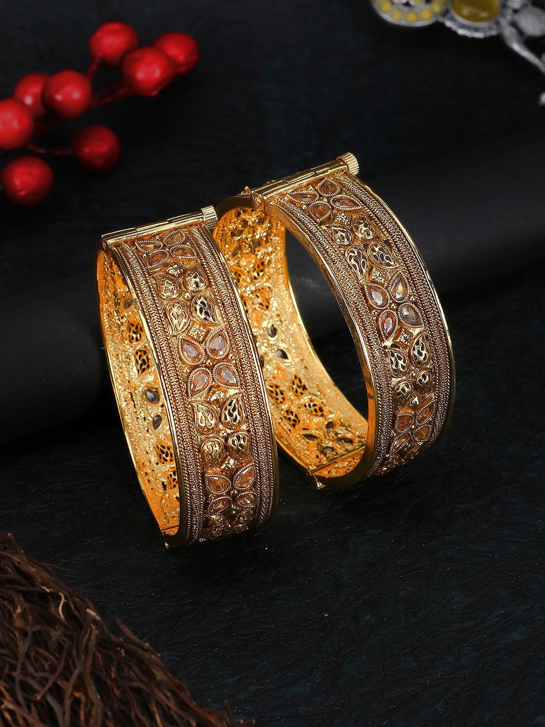 

Adwitiya Collection Set Of 2 Gold-Plated Stone-Studded Bangles, White