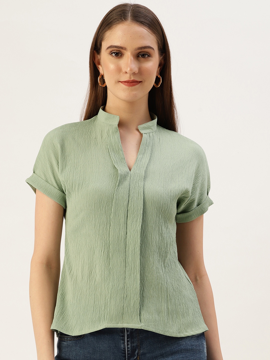 

Off Label Sea Green Mandarin Collar Chiffon Top