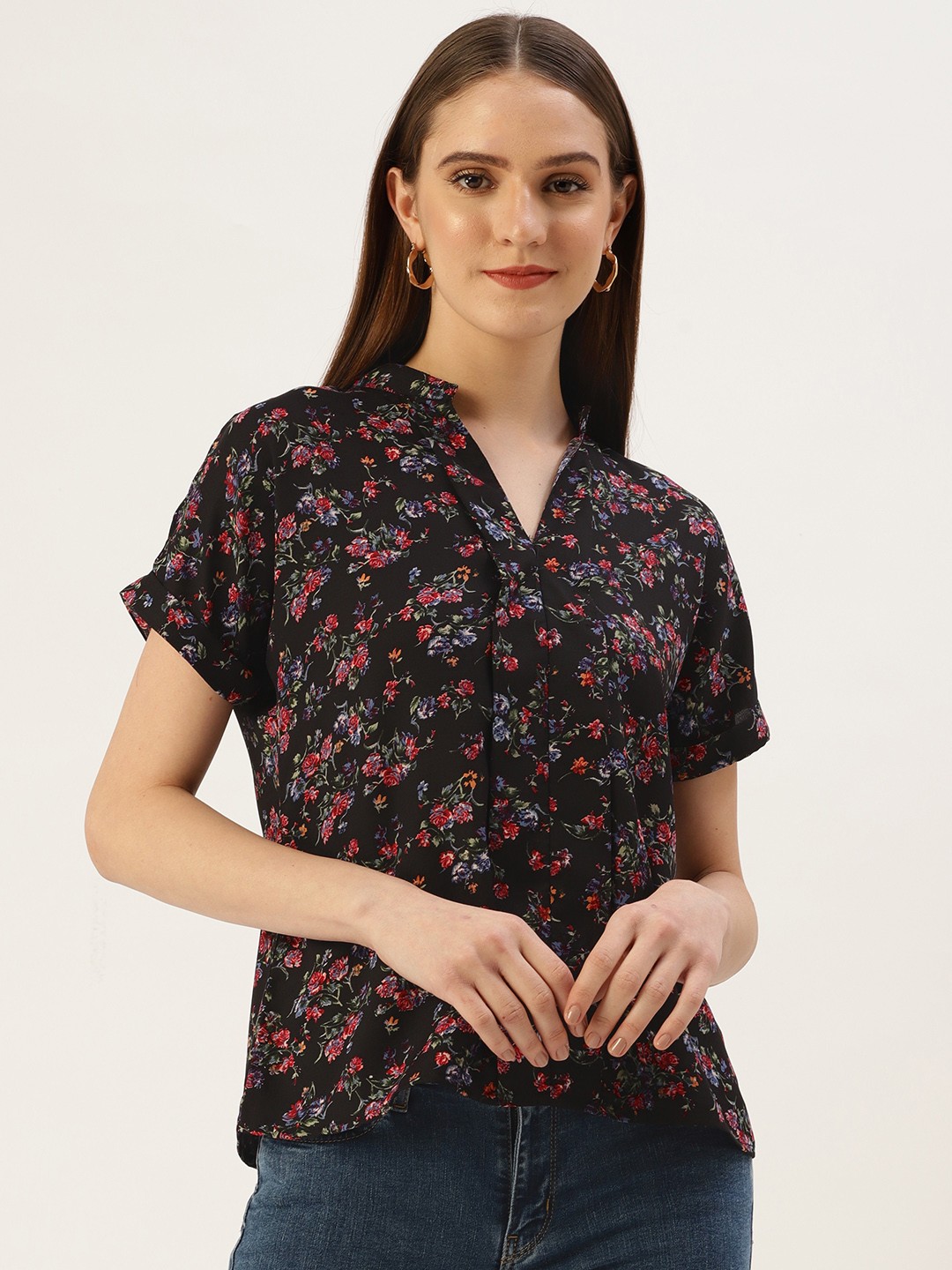 

Off Label Floral Mandarin Collar Top, Black