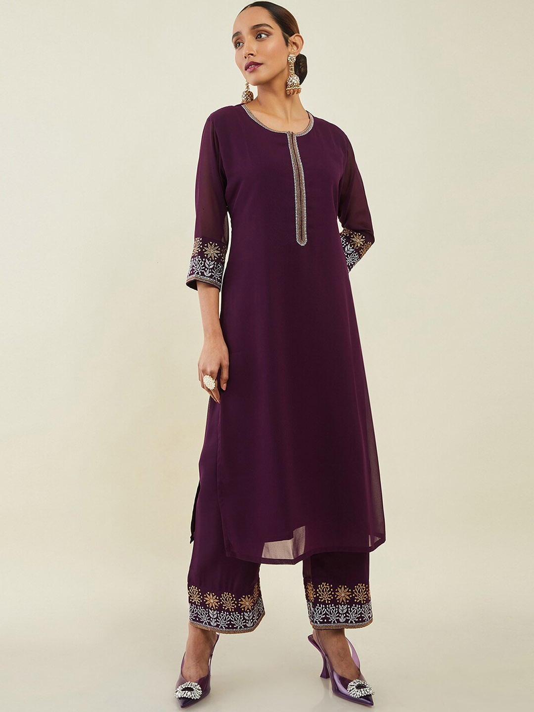 

Soch Women Thread Work Straight Kurta with Palazzos, Purple