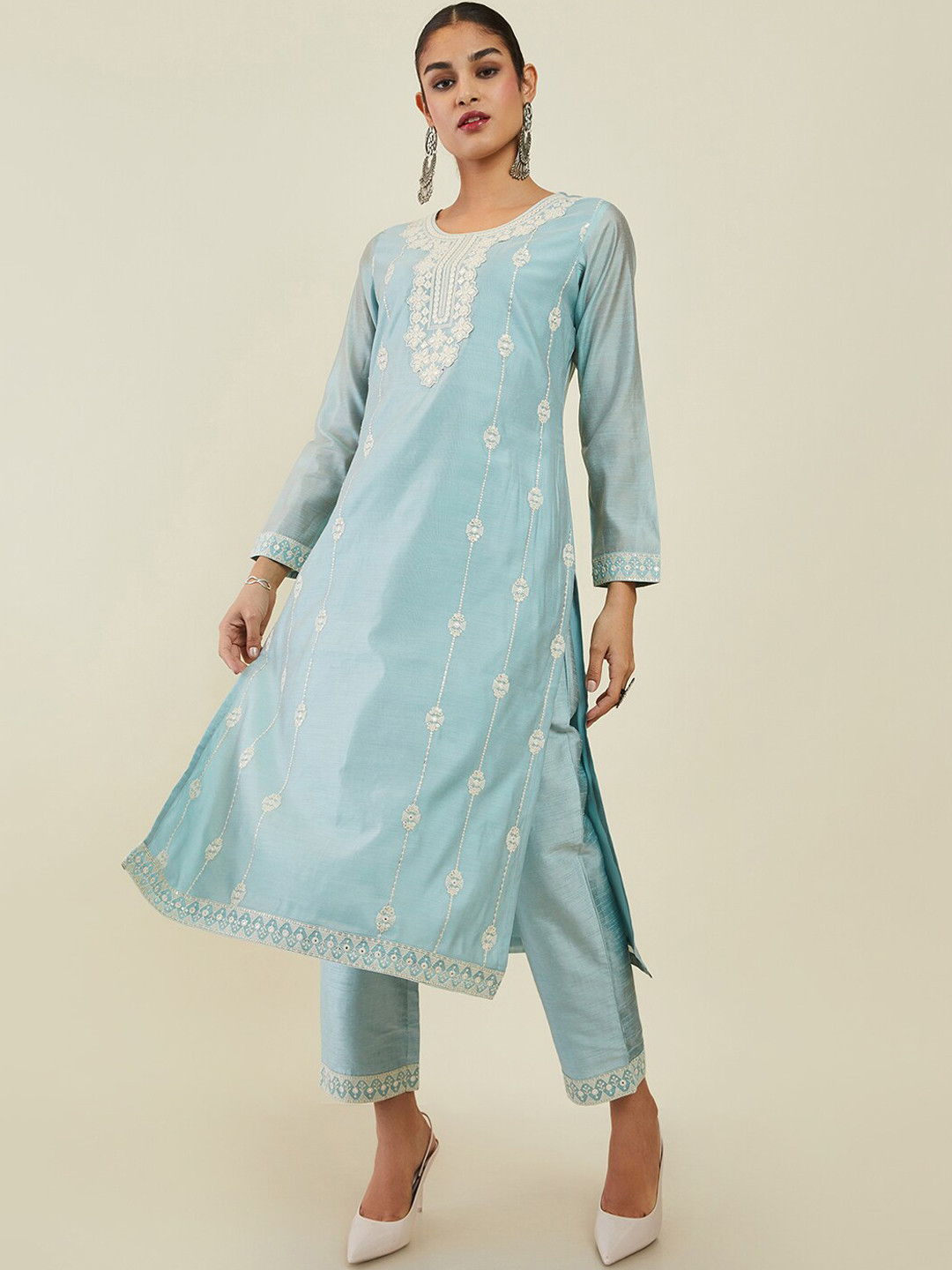 

Soch Women Ethnic Motifs Embroidered Mirror Work Chanderi Silk Kurta with Trousers, Blue