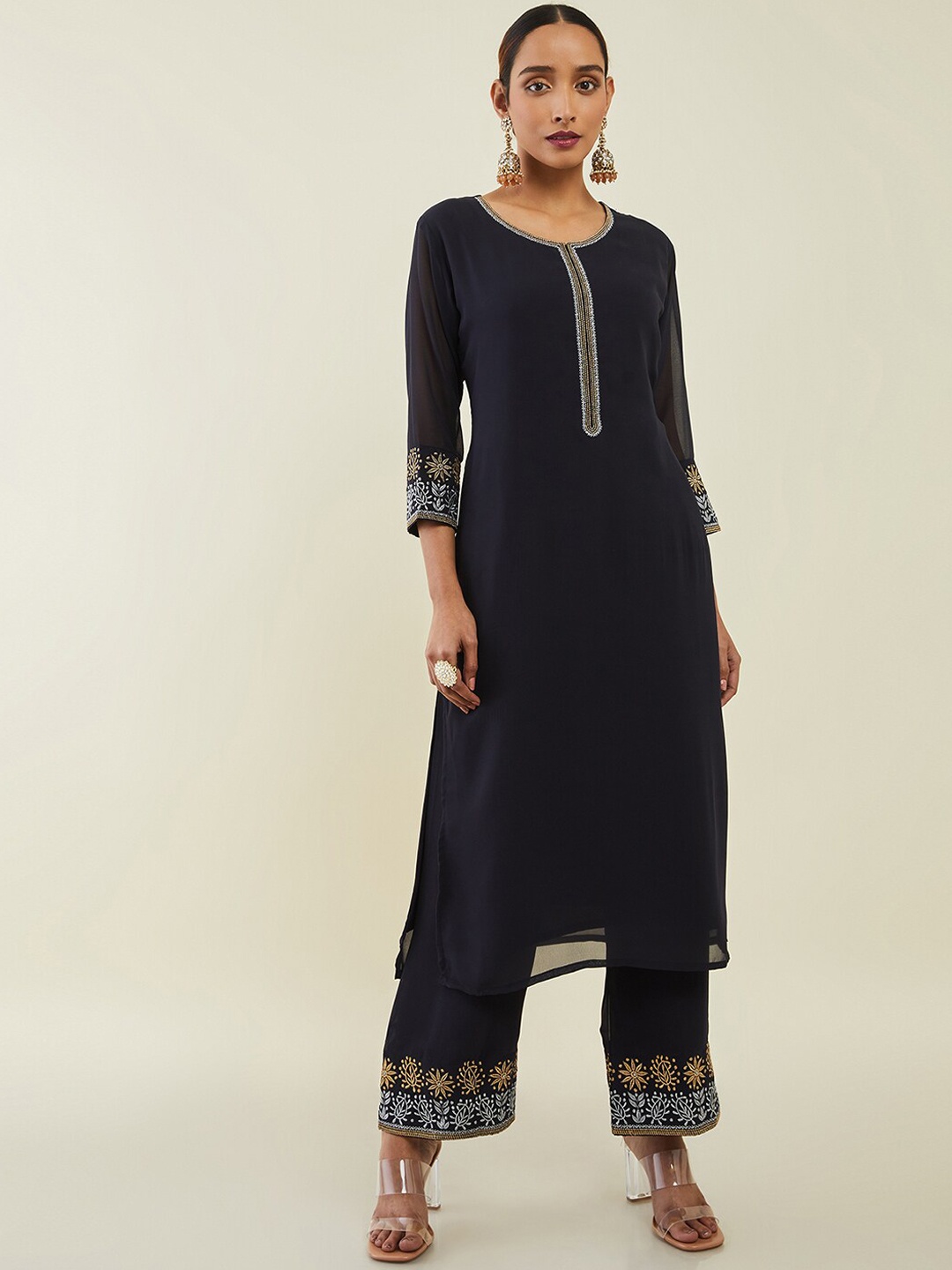 

Soch Women Thread Work Round Neck Kurta with Palazzos, Navy blue