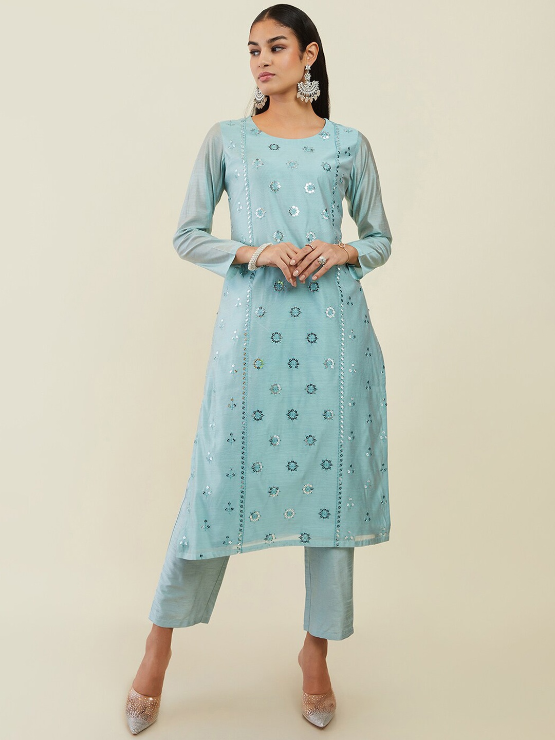 

Soch Women Floral Embroidered Sequined Chanderi Silk Kurta With Trousers, Blue