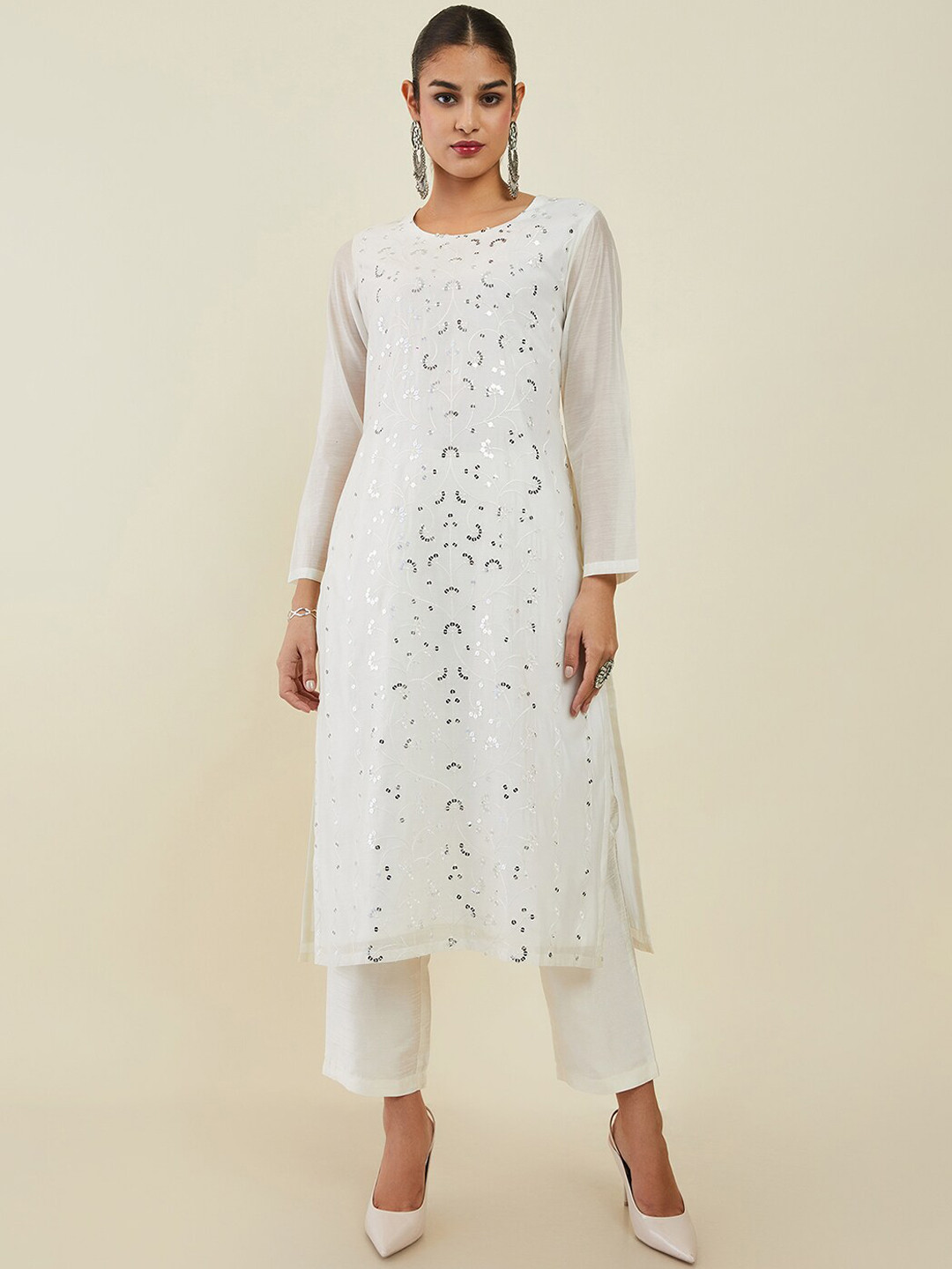 

Soch Women Floral Embroidered Sequined Chanderi Silk Kurta With Trousers, White
