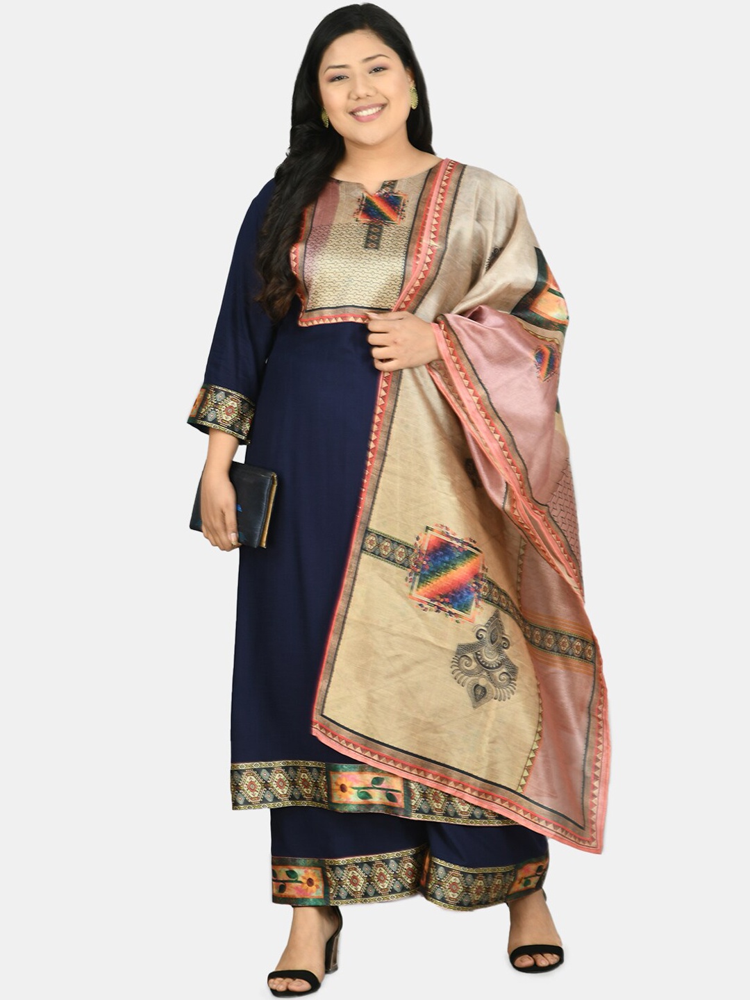 

PrettyPlus by Desinoor.com Women Plus Size Yoke Design Kurta With Palazzos & Dupatta, Navy blue