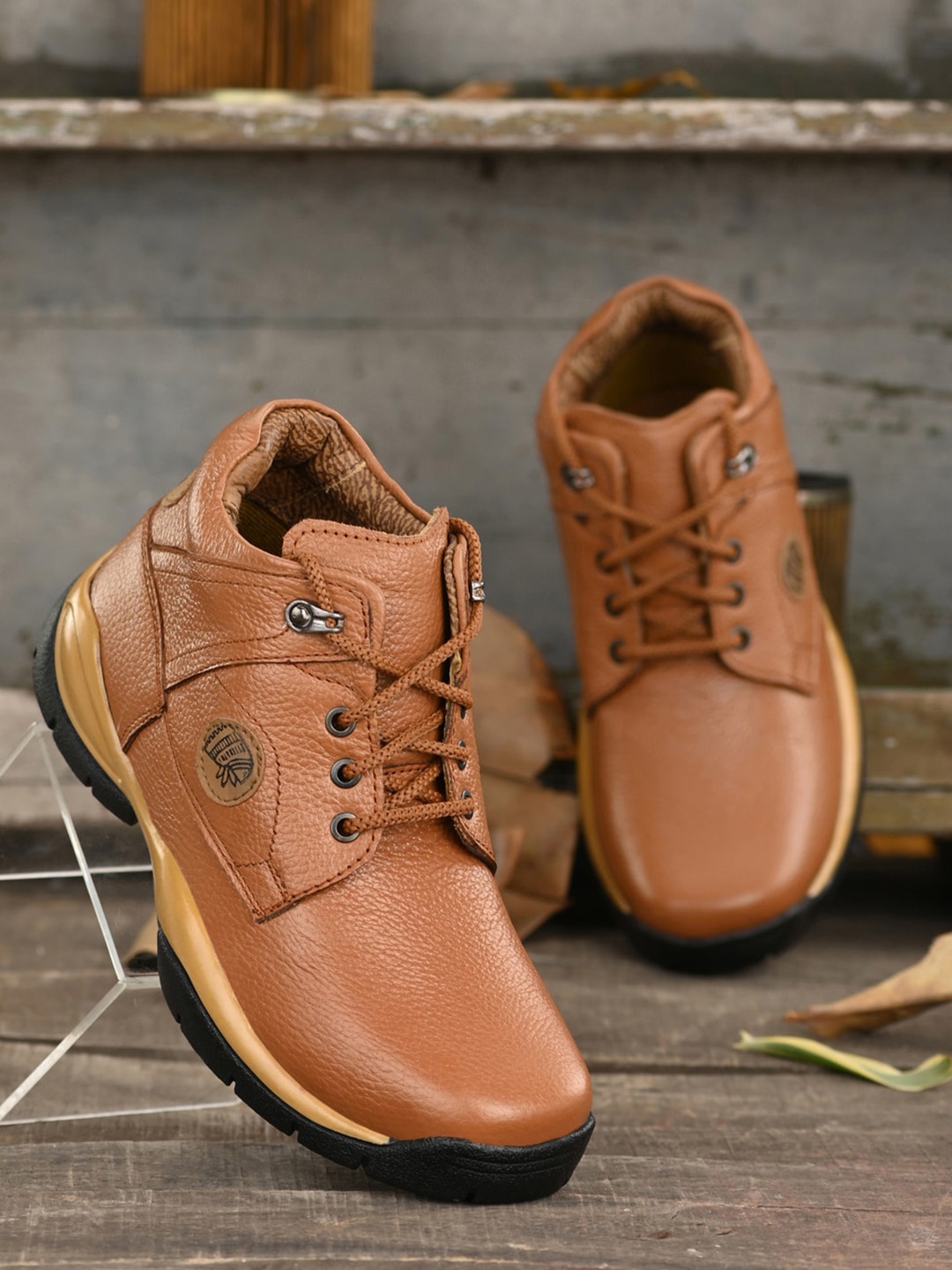 

Absolutee Shoes Men Mid Top Leather Sneakers, Tan