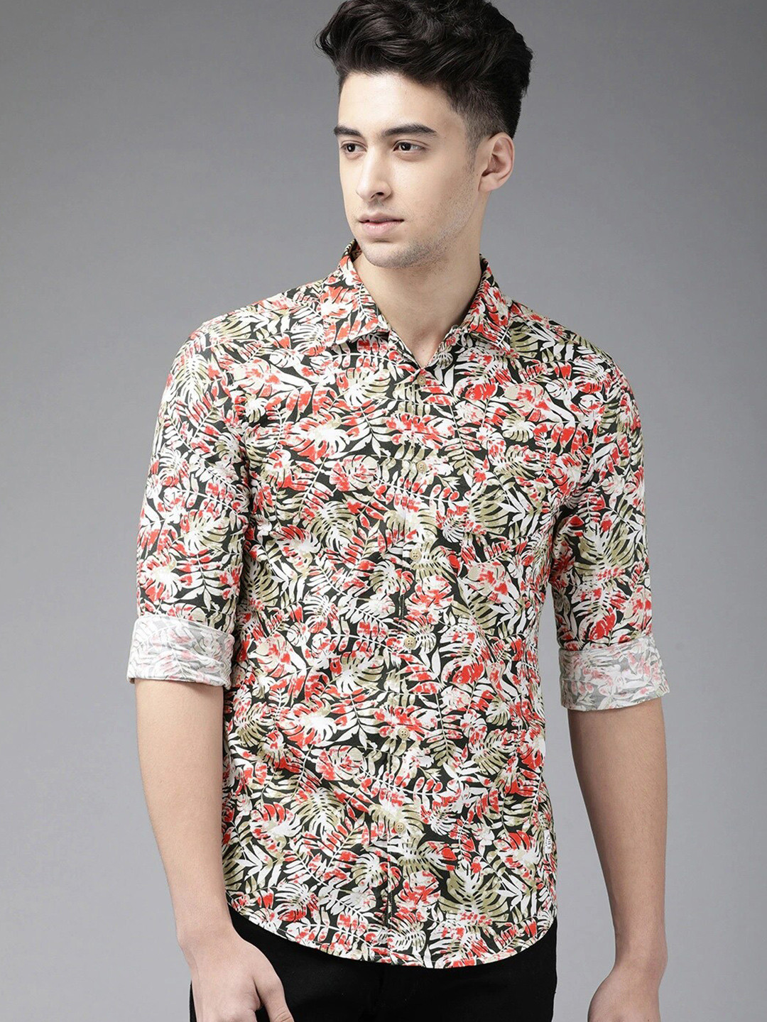 

Bene Kleed Men Slim Fit Tropical Printed Pure Cotton Casual Shirt, White