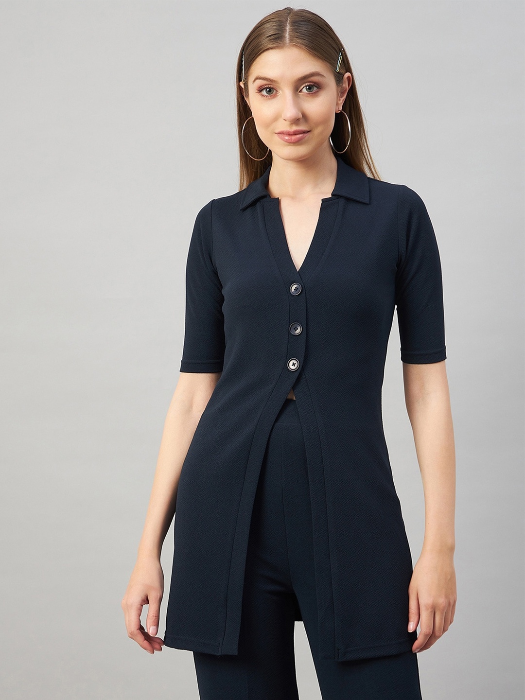 

Orchid Blues Women Spread Collar Longline Casual Shirt, Navy blue